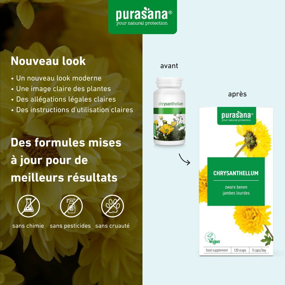 Comparaison ancien et nouvel emballage. Inscription: Chrysanthellum, vegan. Fleurs jaunes.