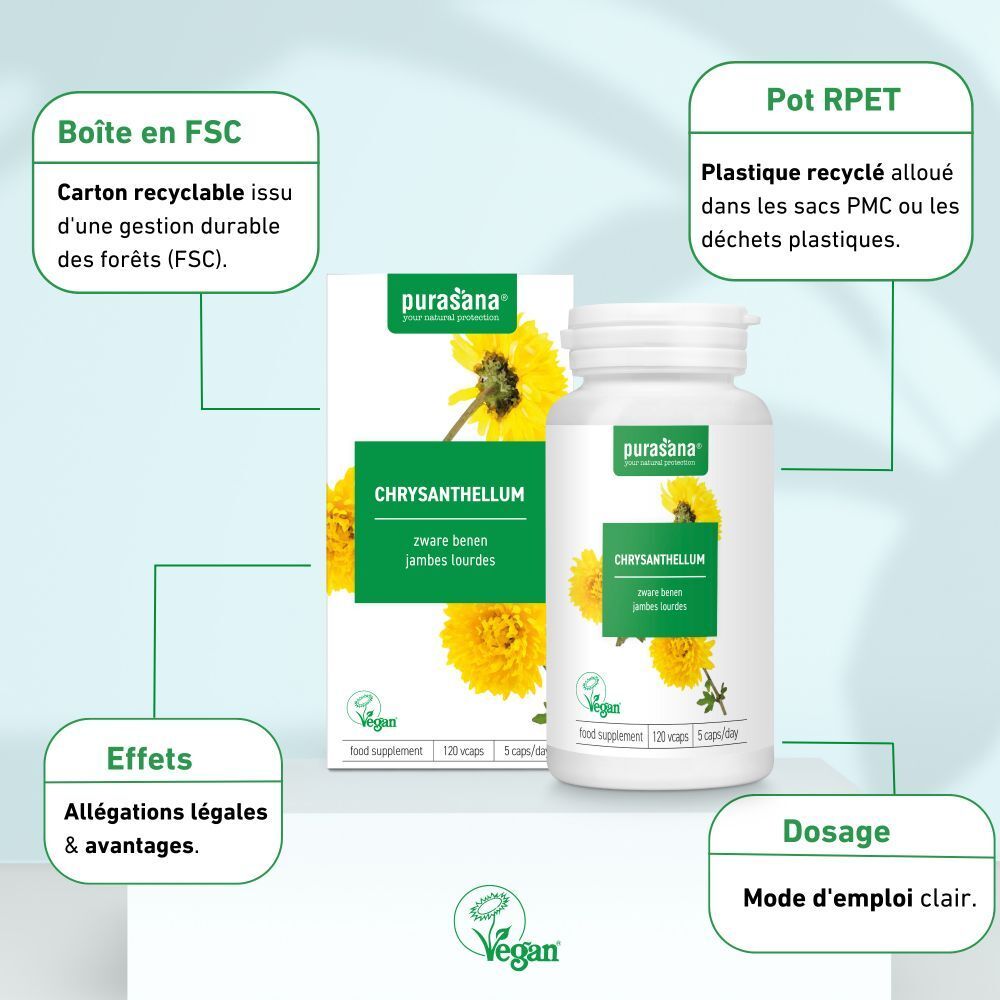 Emballage et flacon de gélules. Inscription: Chrysanthellum, vegan. Fleurs jaunes. Certification FSC.