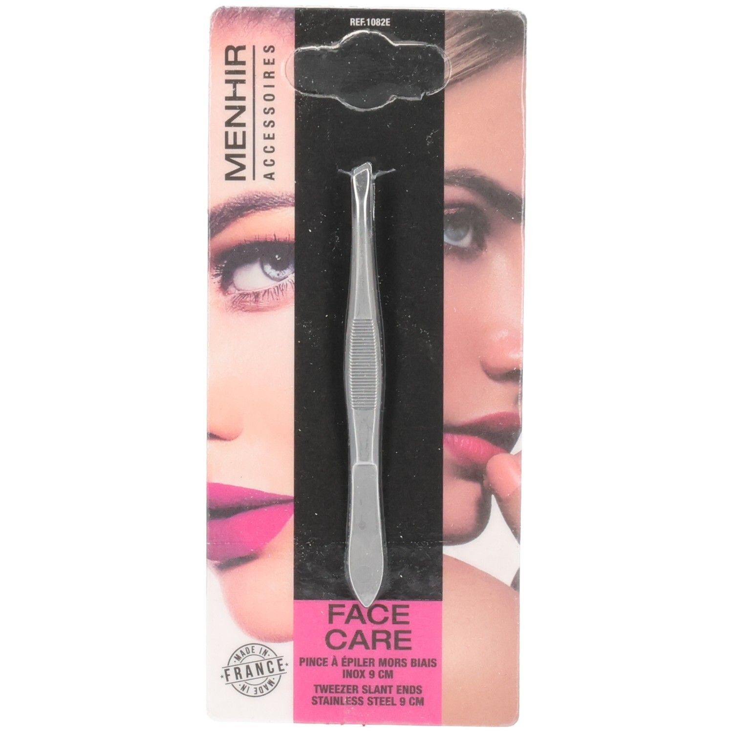Pince à épiler biseautée en acier inoxydable, 9 cm, dans son emballage. Marque Menhir Accessoires. Soin du visage.