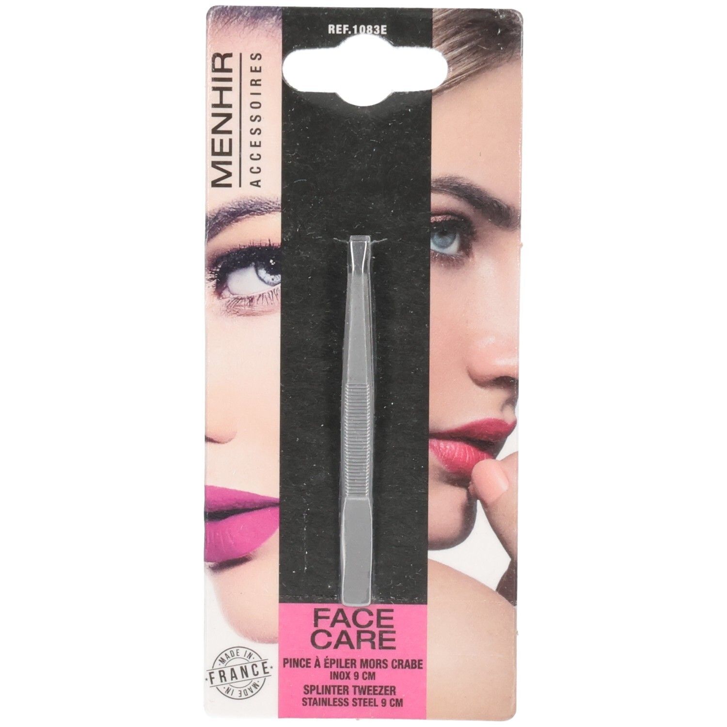 Pince à épiler en acier inoxydable, 9 cm, dans son emballage. Marque Menhir Accessoires. Soin du visage.