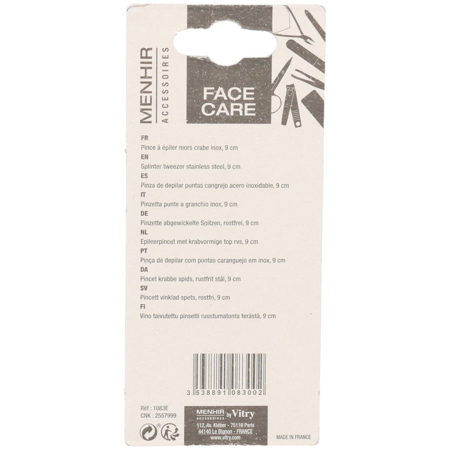 Dos de l'emballage avec informations sur le produit. Marque Menhir Accessoires. Pince à épiler 9 cm.