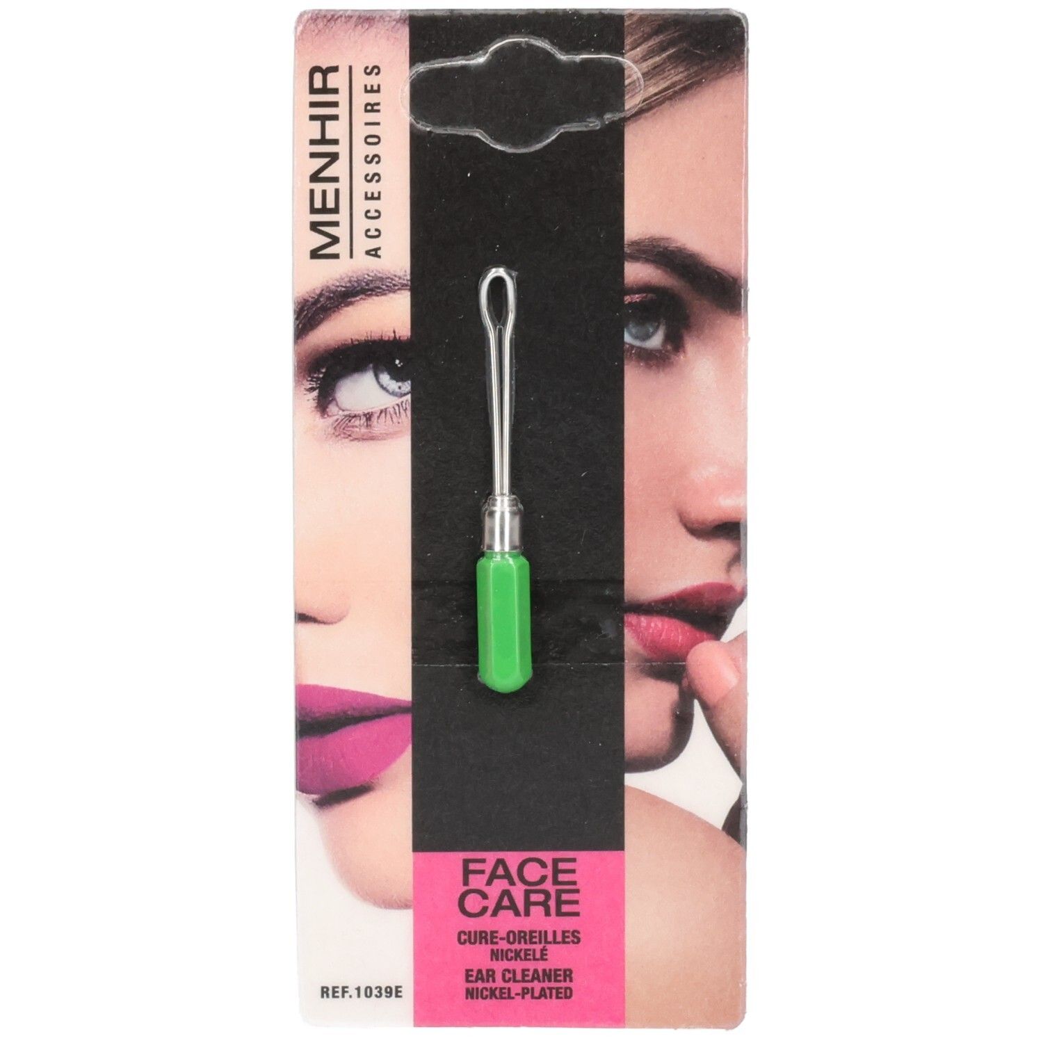 Nettoyeur d'oreilles avec manche vert et boucle argentée, emballé.
