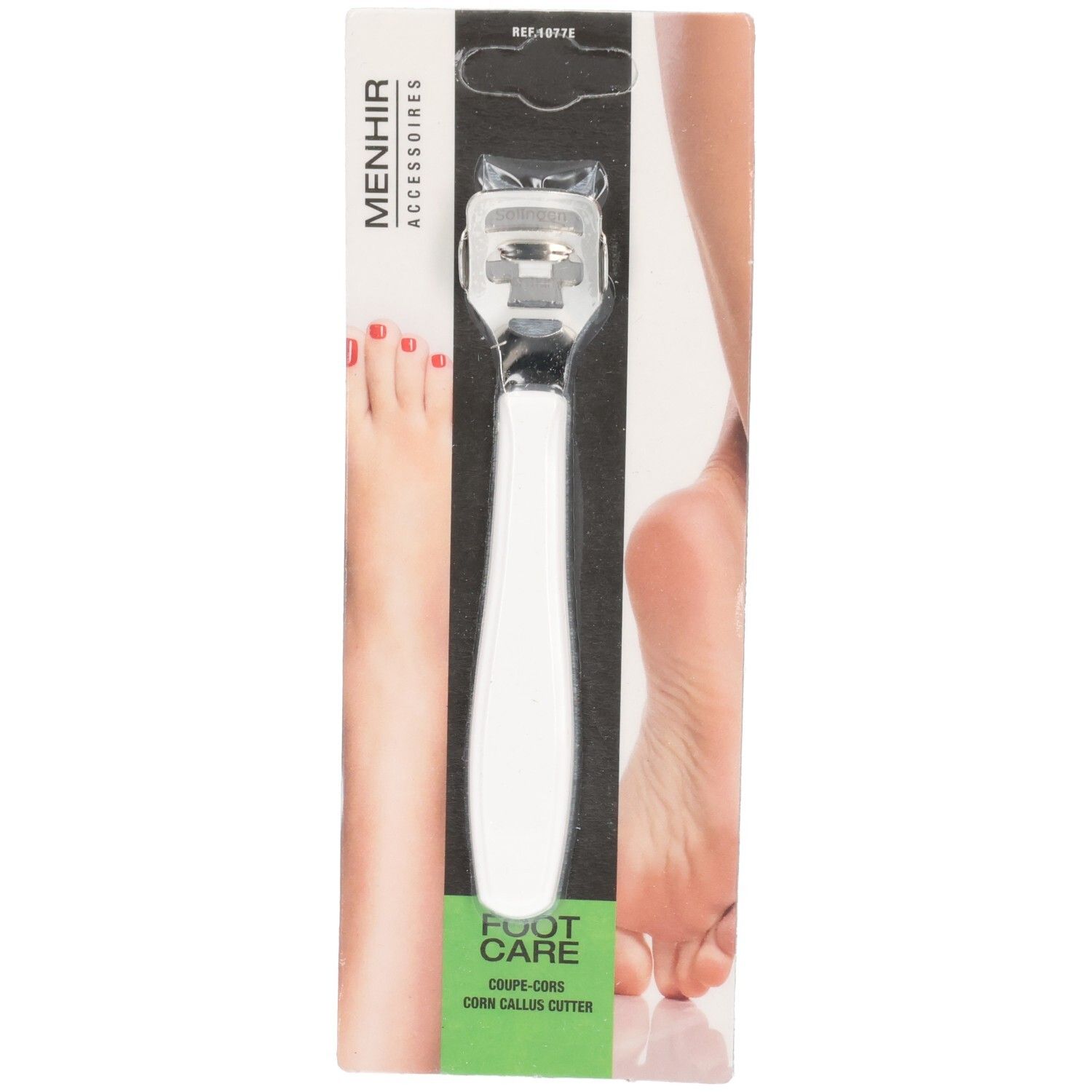 Râpe à corne blanche pour les pieds, en emballage. Menhir Accessoires, Foot Care. Inscription: Corn Callus Cutter.