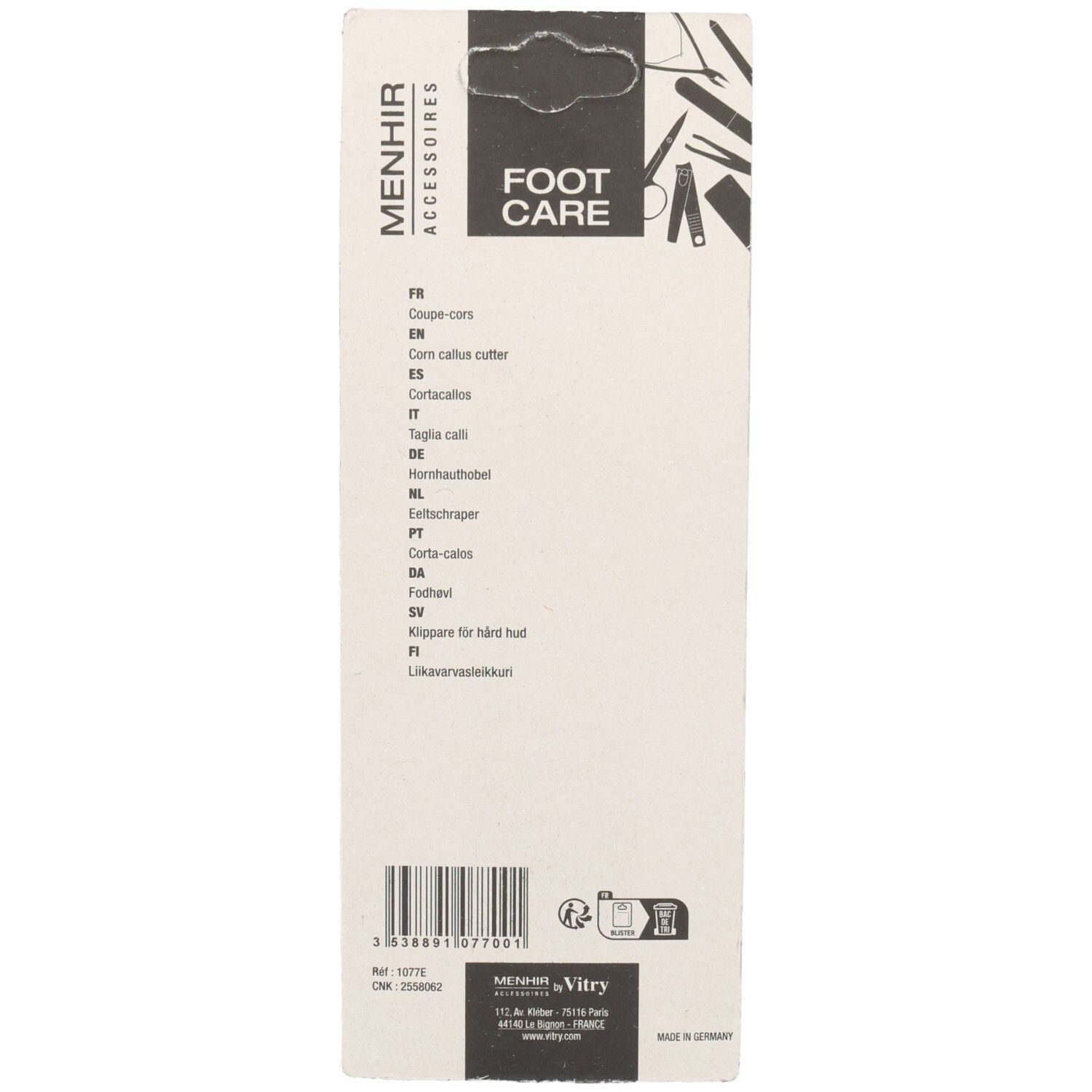 Dos de l'emballage. Menhir Accessoires, Foot Care. Désignations multilingues du produit. Informations du fabricant.