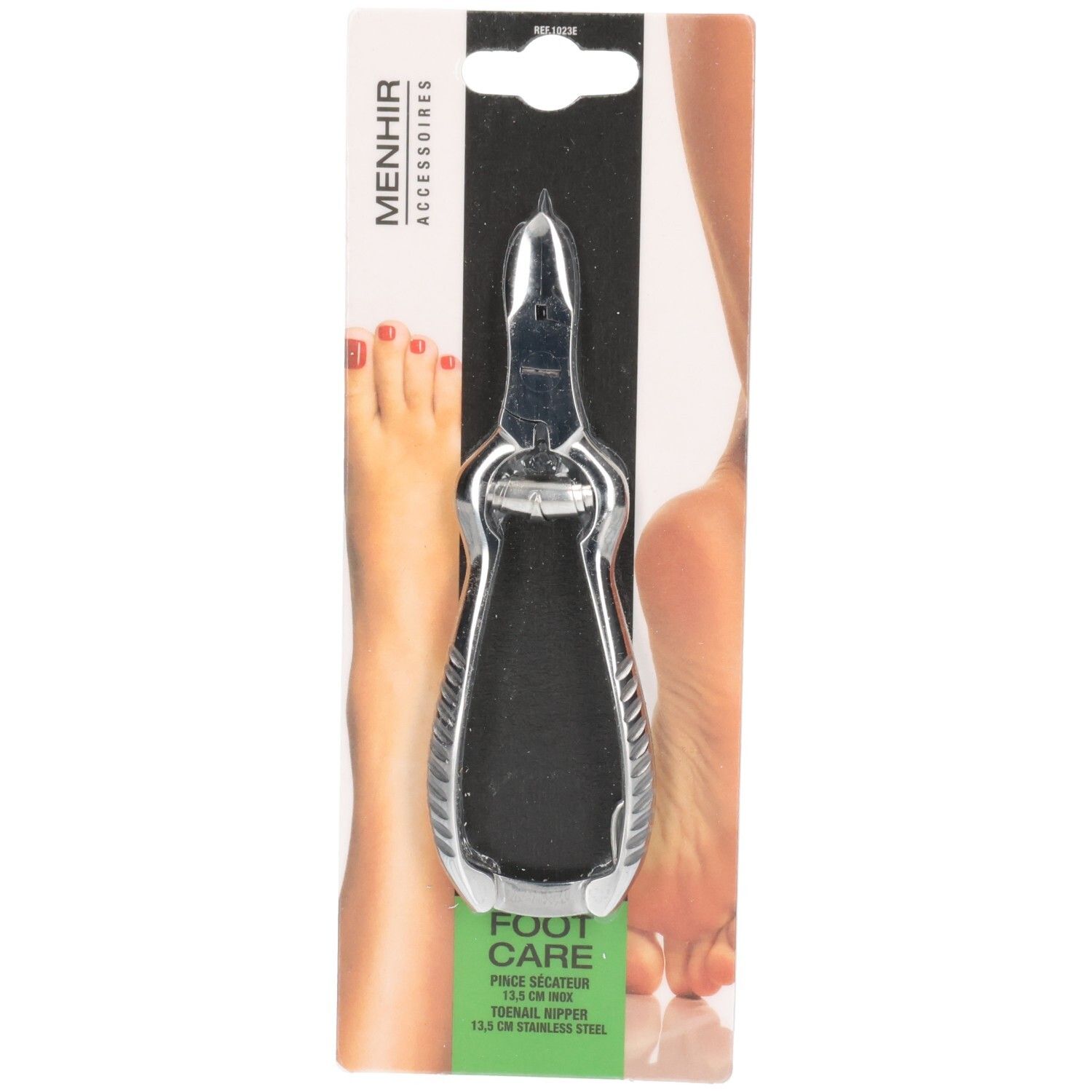 Pince à ongles, inoxydable. Sur blister. Menhir Accessoires. Soin des pieds. 13,5 cm.