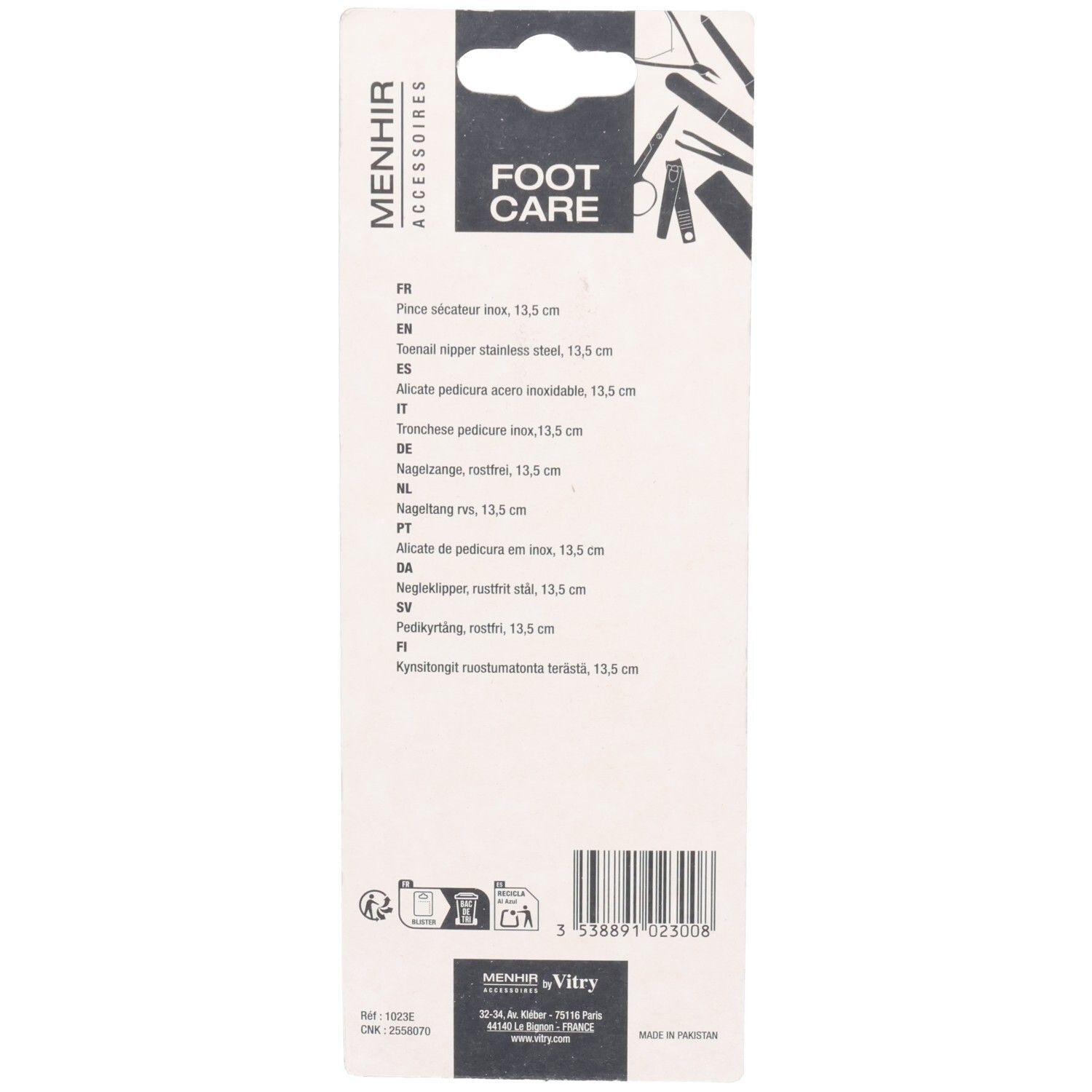 Dos de la carte blister. Menhir Accessoires. Soin des pieds. Informations produit et code-barres.