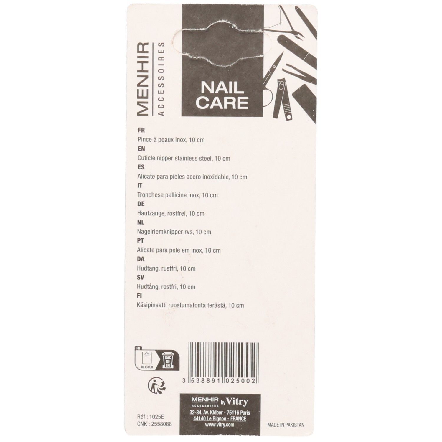 Dos de l'emballage. Informations produit multilingues. Marque Menhir Accessoires. Code-barres et logo Vitry.