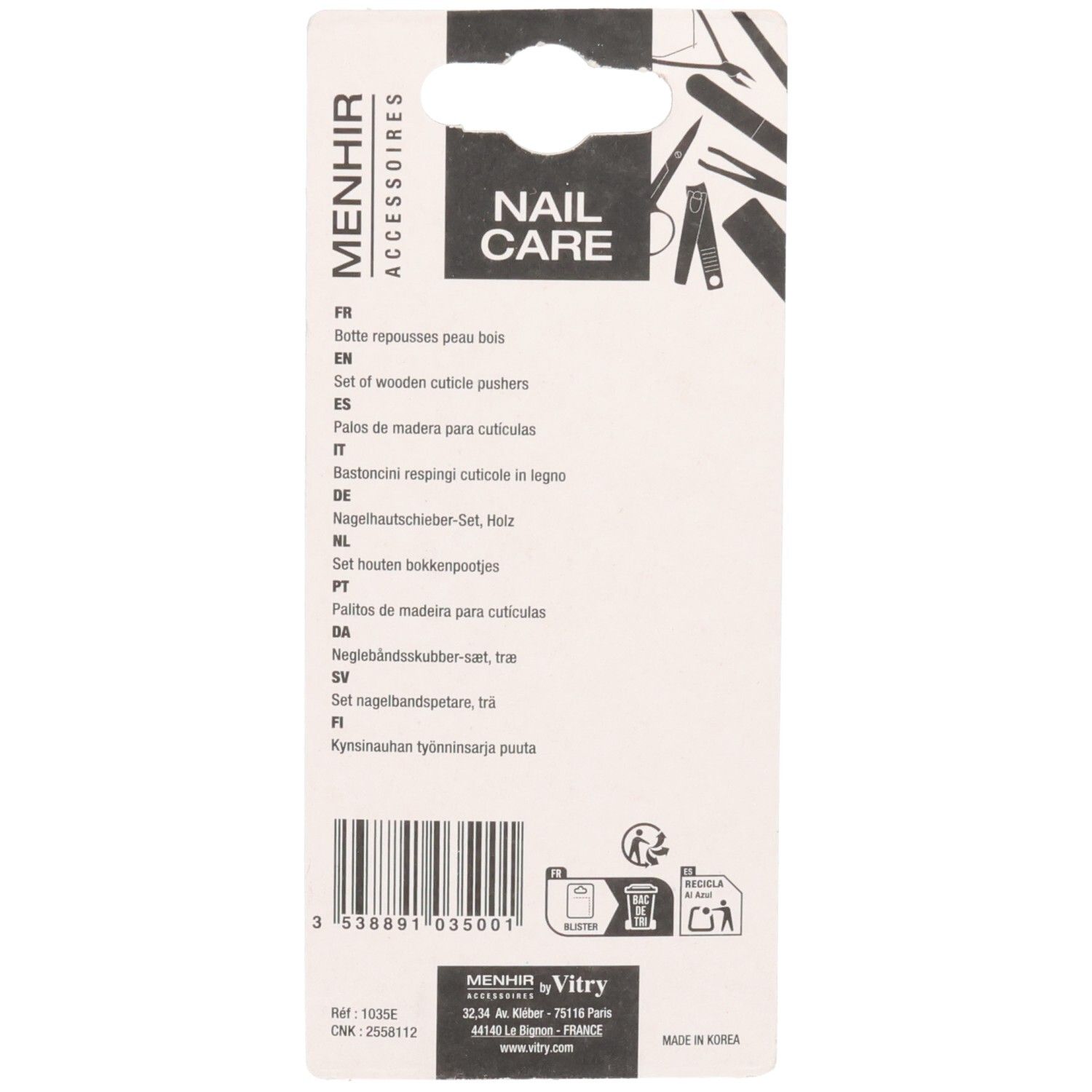Dos de l'emballage. Nom du produit, description multilingue, code-barres et logo.