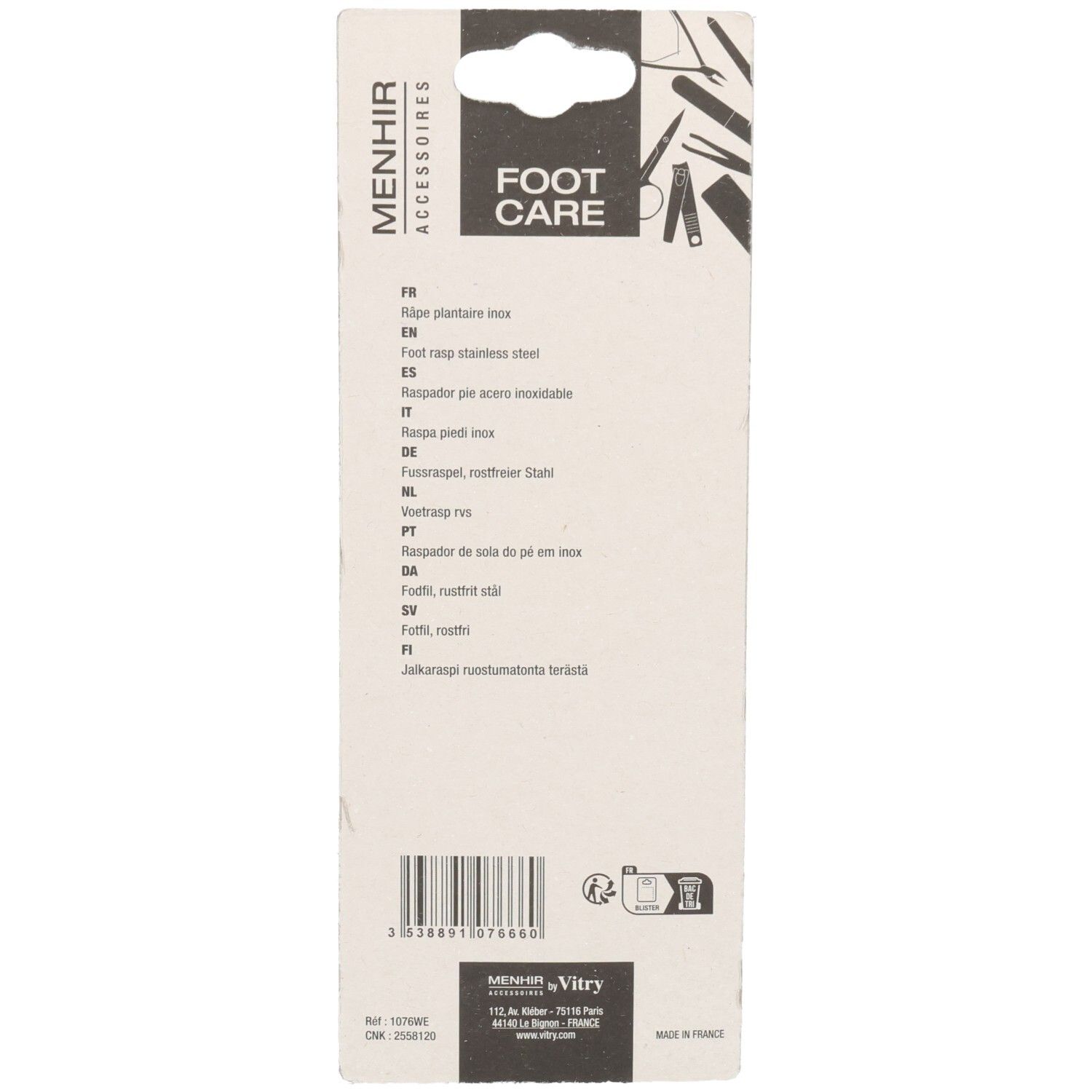 Dos de l'emballage du produit. Contient le nom du produit, des descriptions multilingues et le logo de la marque.