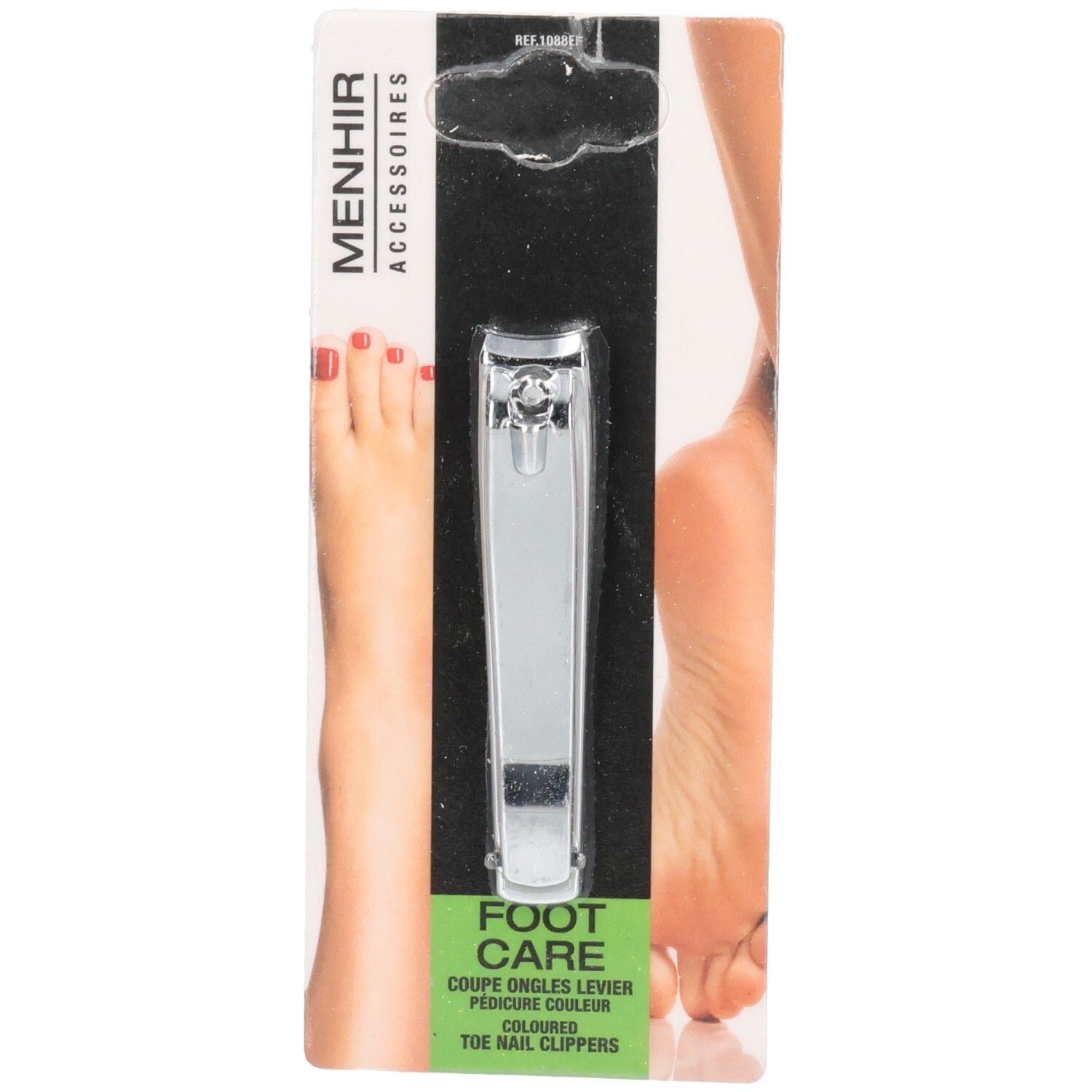 Coupe-ongles pour les pieds, emballé. Métal argenté, avec image de pied. Inscription: Menhir Accessoires Foot Care.