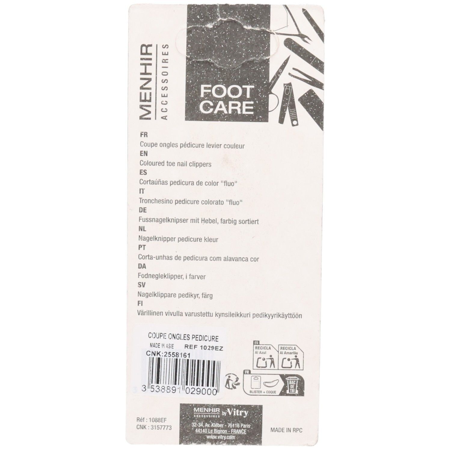 Dos de l'emballage. Texte multilingue. Illustrations d'outils de pédicure. Marque: Menhir Accessoires Foot Care.