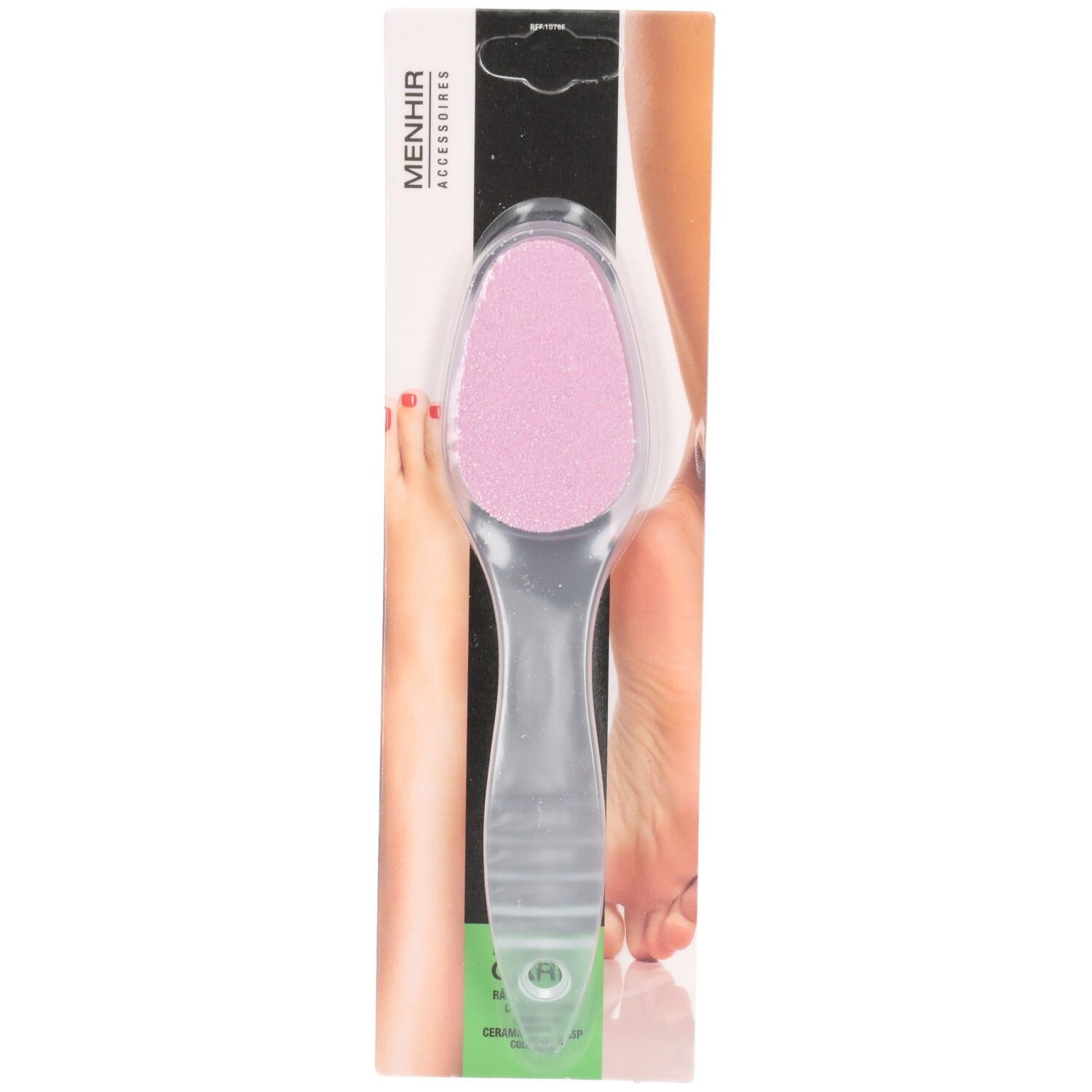 Lime à pieds avec manche transparent et surface abrasive rose.