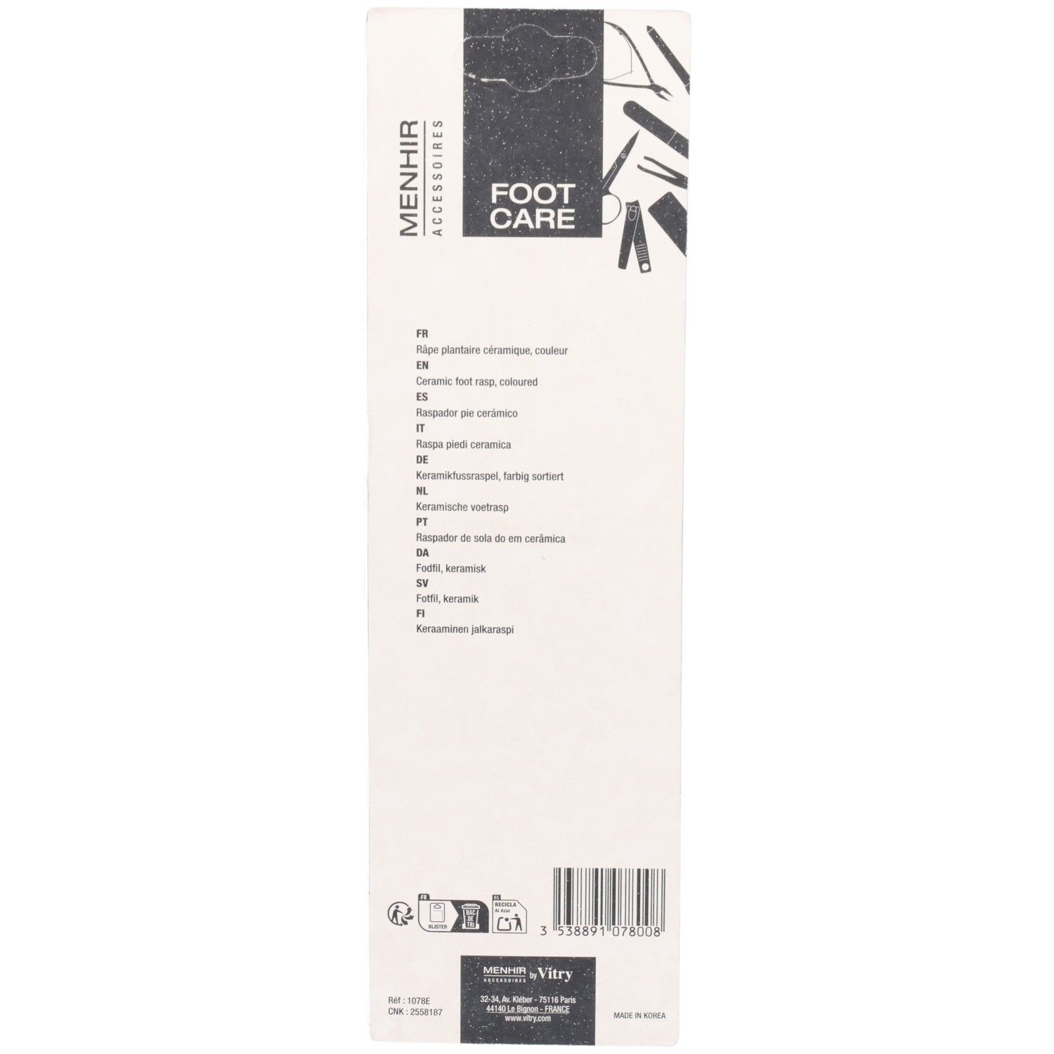 Emballage d'accessoires pour soins des pieds avec lime à ongles en céramique.