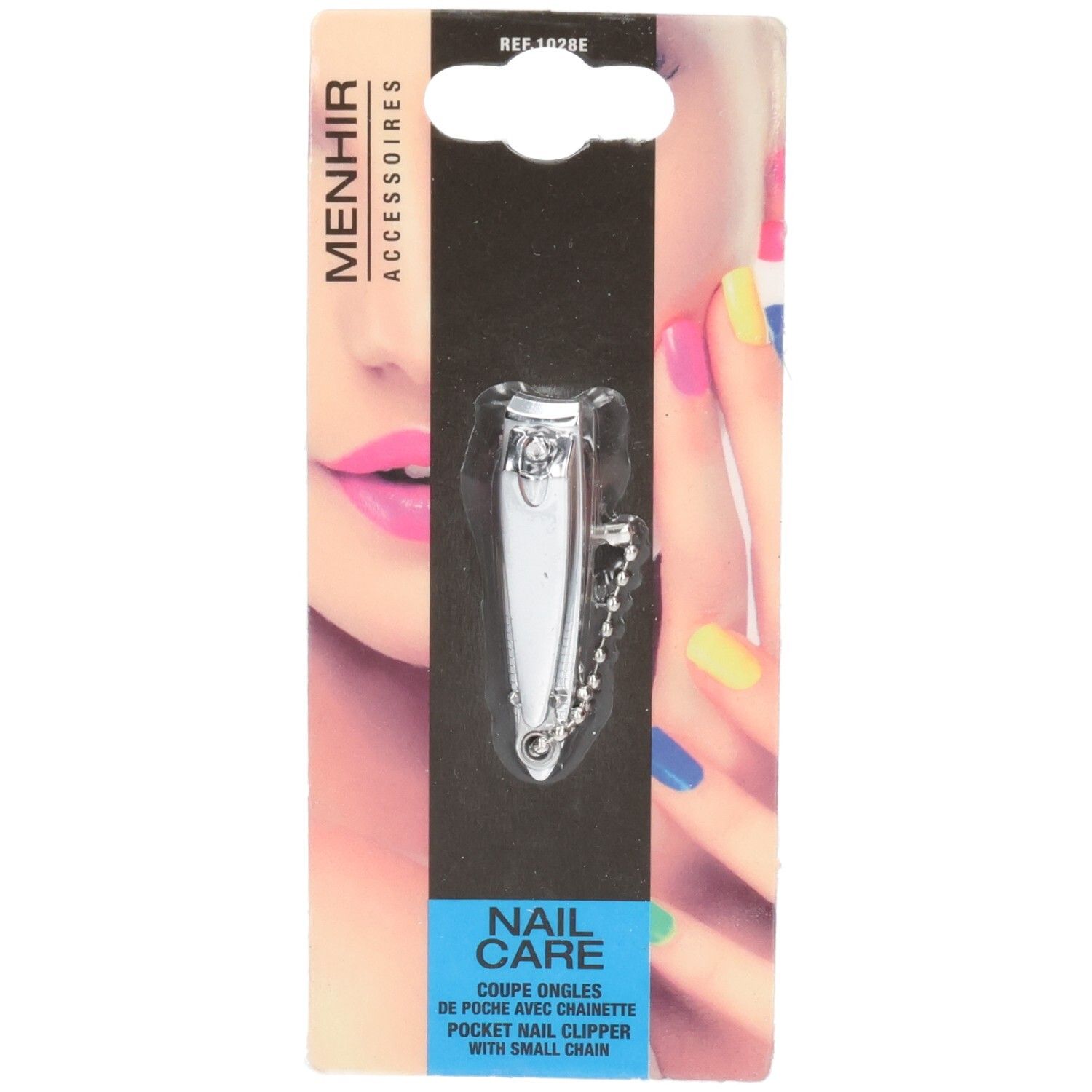 Coupe-ongles avec chaîne, emballage. Marque Menhir Accessoires. Couleurs bleu et argent.