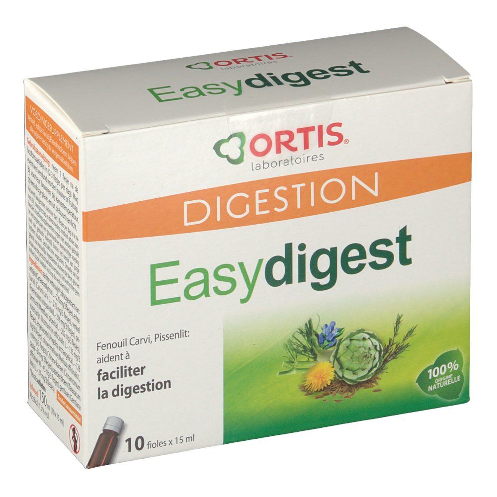 Boîte "Ortis Easy Digest". Inscription "Digestion", "10 fioles x 15 ml". Illustration de plantes. Label "100% naturelle".