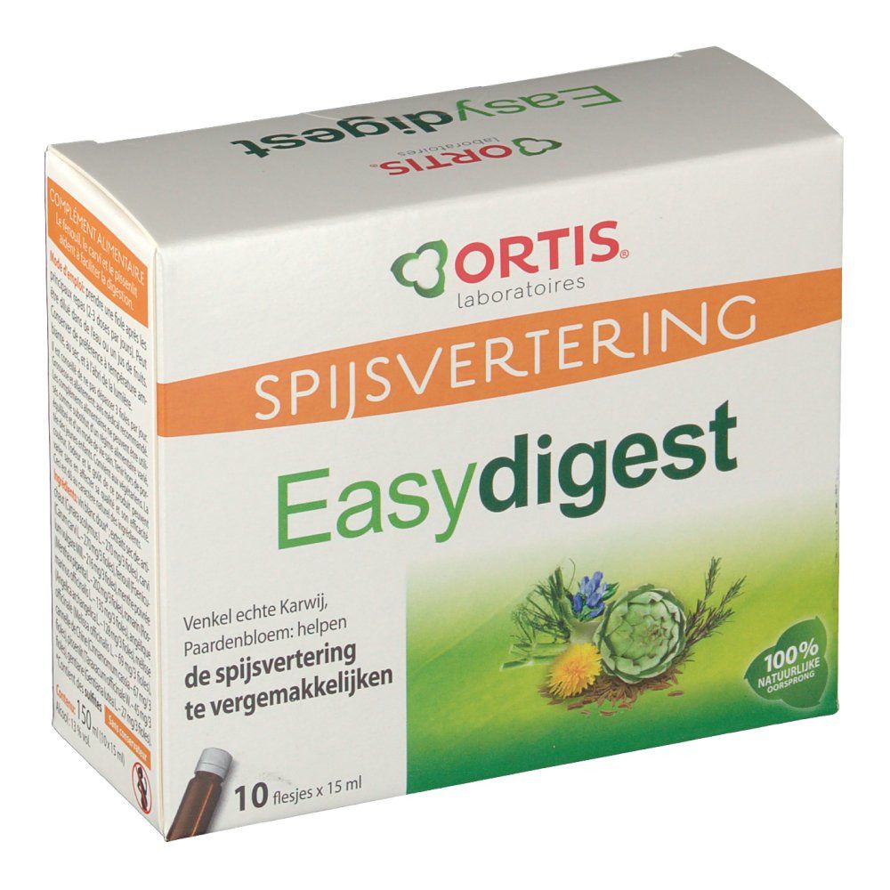 Boîte "Ortis Easy Digest". Inscription "Spijsvertering", "10 flesjes x 15 ml". Illustration de plantes. Label "100% naturelle".