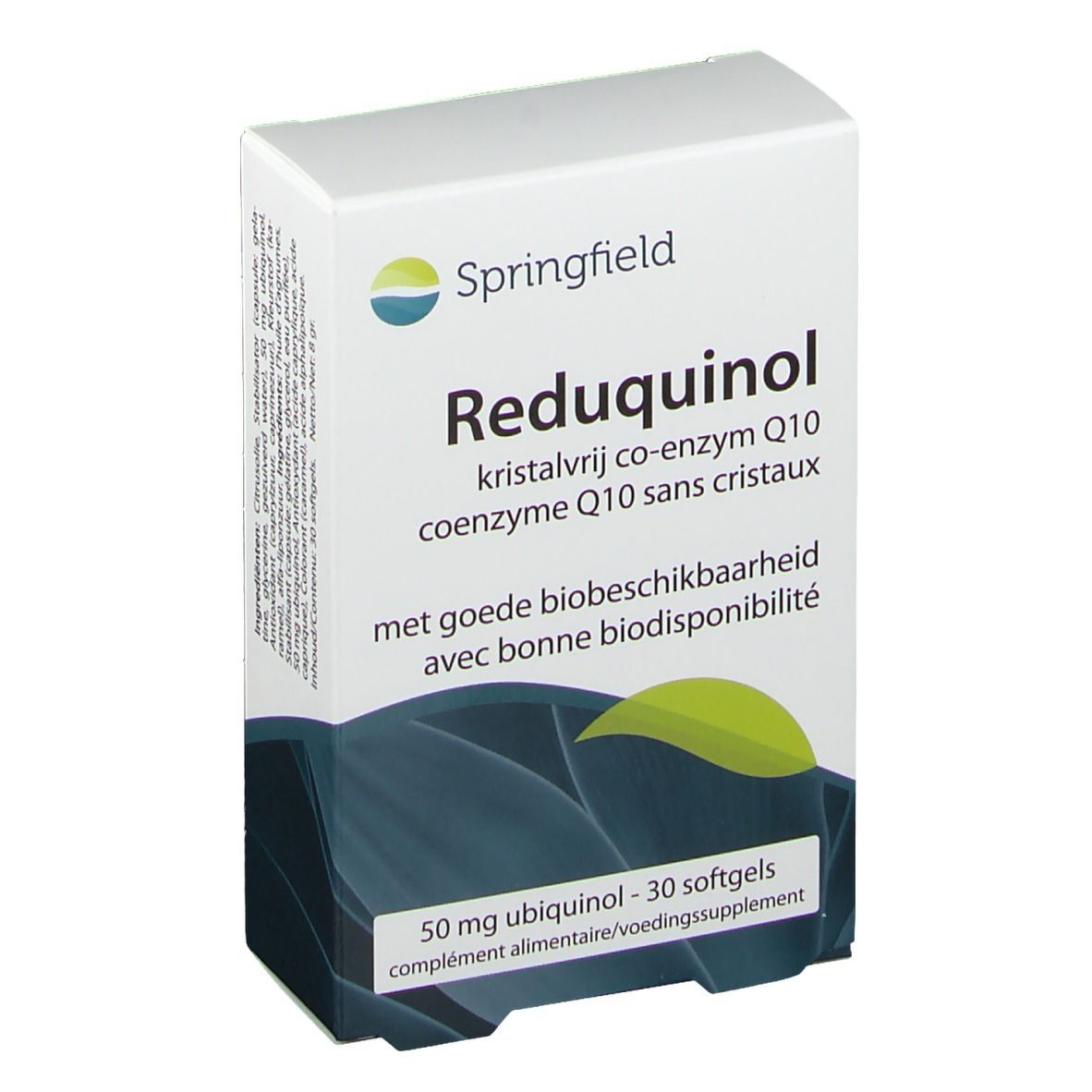 Boîte de Springfield Reduquinol 50 mg. Inscription : kristalvrij co-enzym Q10, 30 gélules. Emballage blanc avec design bleu.