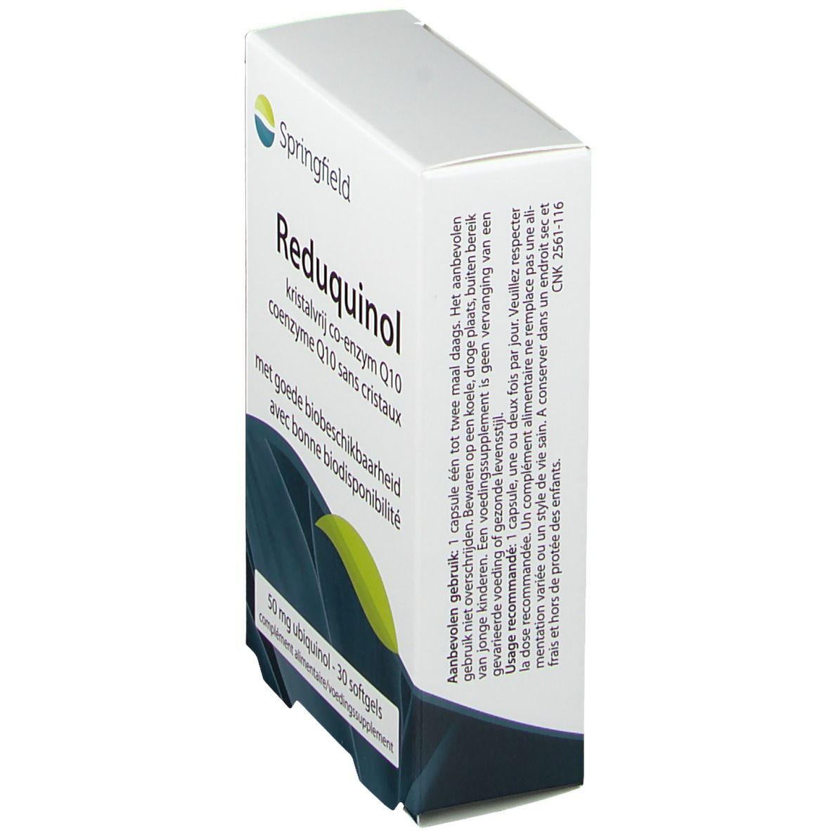 Boîte Springfield Reduquinol 50 mg, vue latérale. Texte : kristalvrij co-enzym Q10, 30 gélules. Emballage blanc avec design bleu.