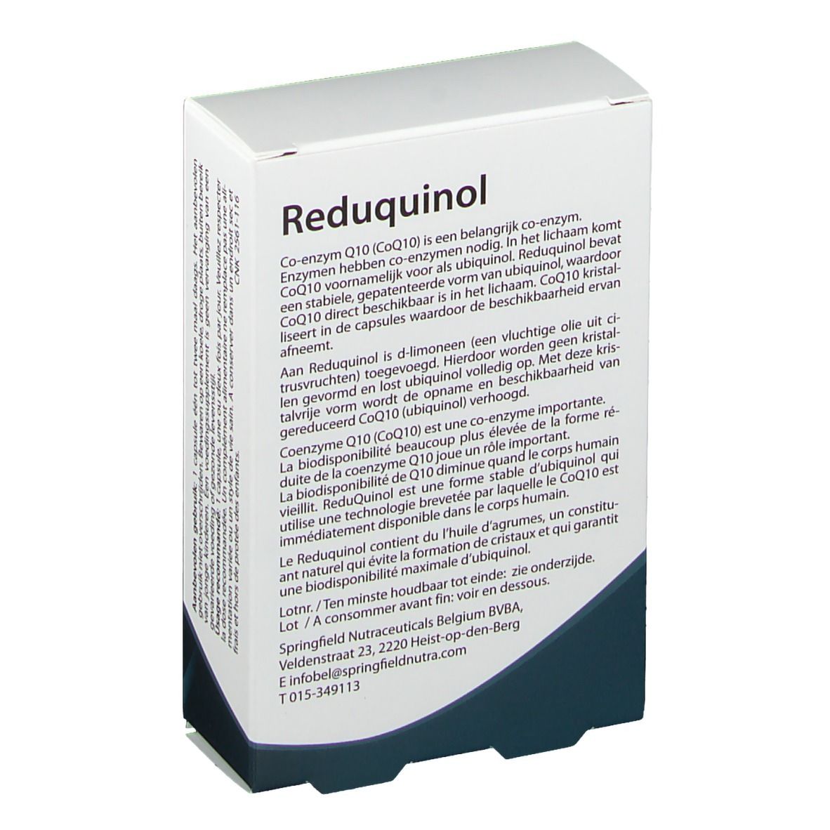 Dos de la boîte Springfield Reduquinol 50 mg. Texte multilingue. Emballage blanc avec design bleu.