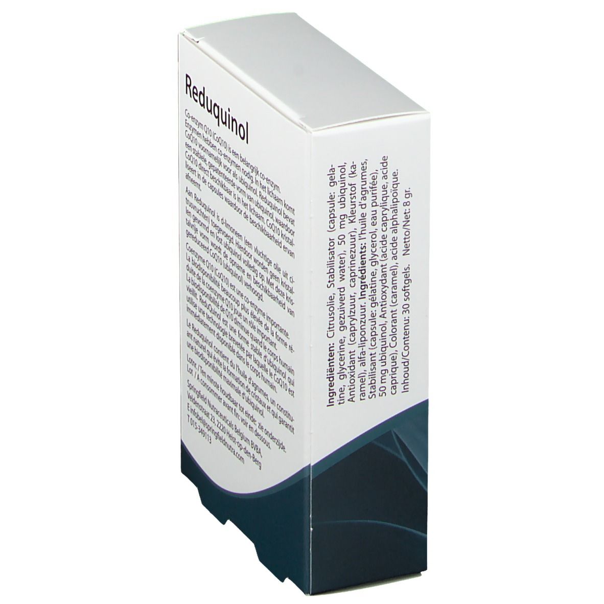 Boîte Springfield Reduquinol 50 mg, vue latérale avec ingrédients. Emballage blanc avec design bleu.
