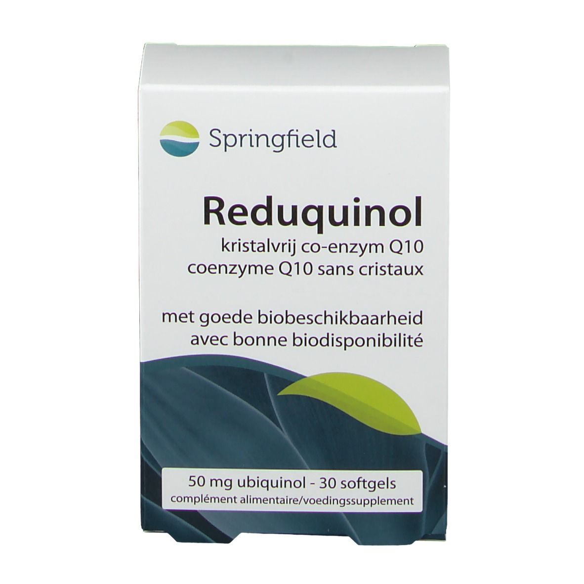 Boîte Springfield Reduquinol 50 mg. Inscription : kristalvrij co-enzym Q10, 30 gélules. Emballage blanc avec design bleu.