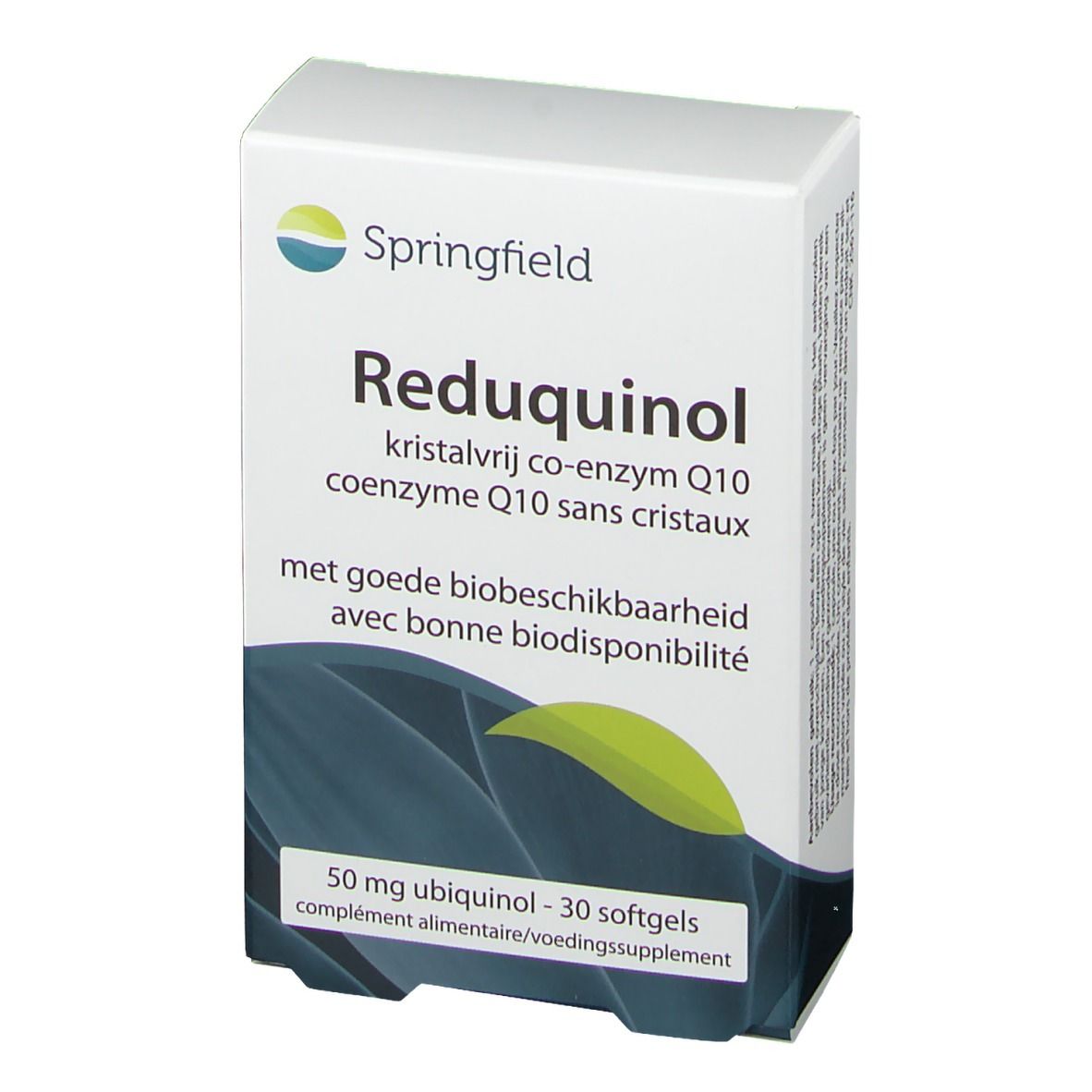 Boîte Springfield Reduquinol 50 mg. Inscription : kristalvrij co-enzym Q10, 30 gélules. Emballage blanc avec design bleu.