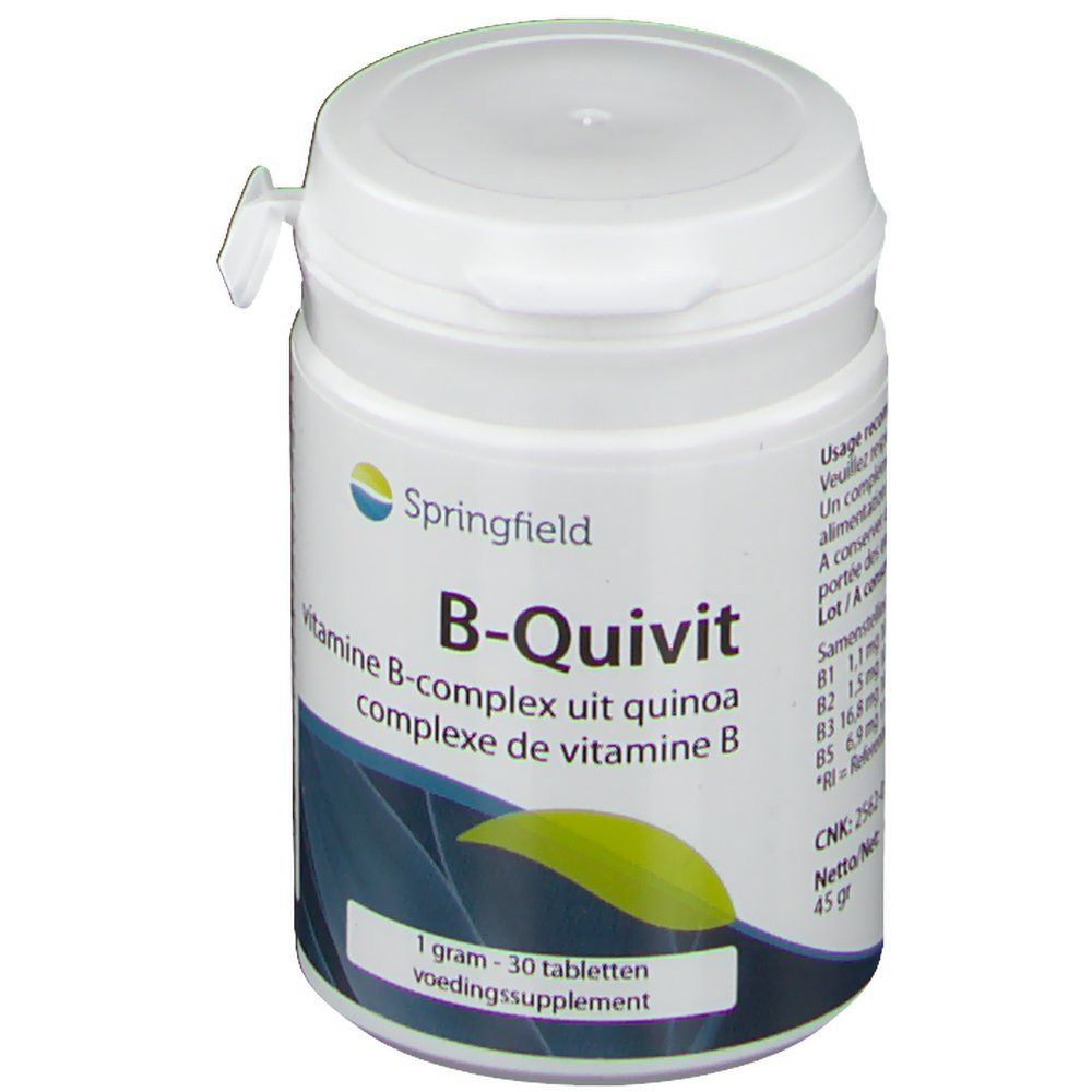 Boîte blanche de comprimés B-Quivit. Contient 30 comprimés. Marque Springfield.