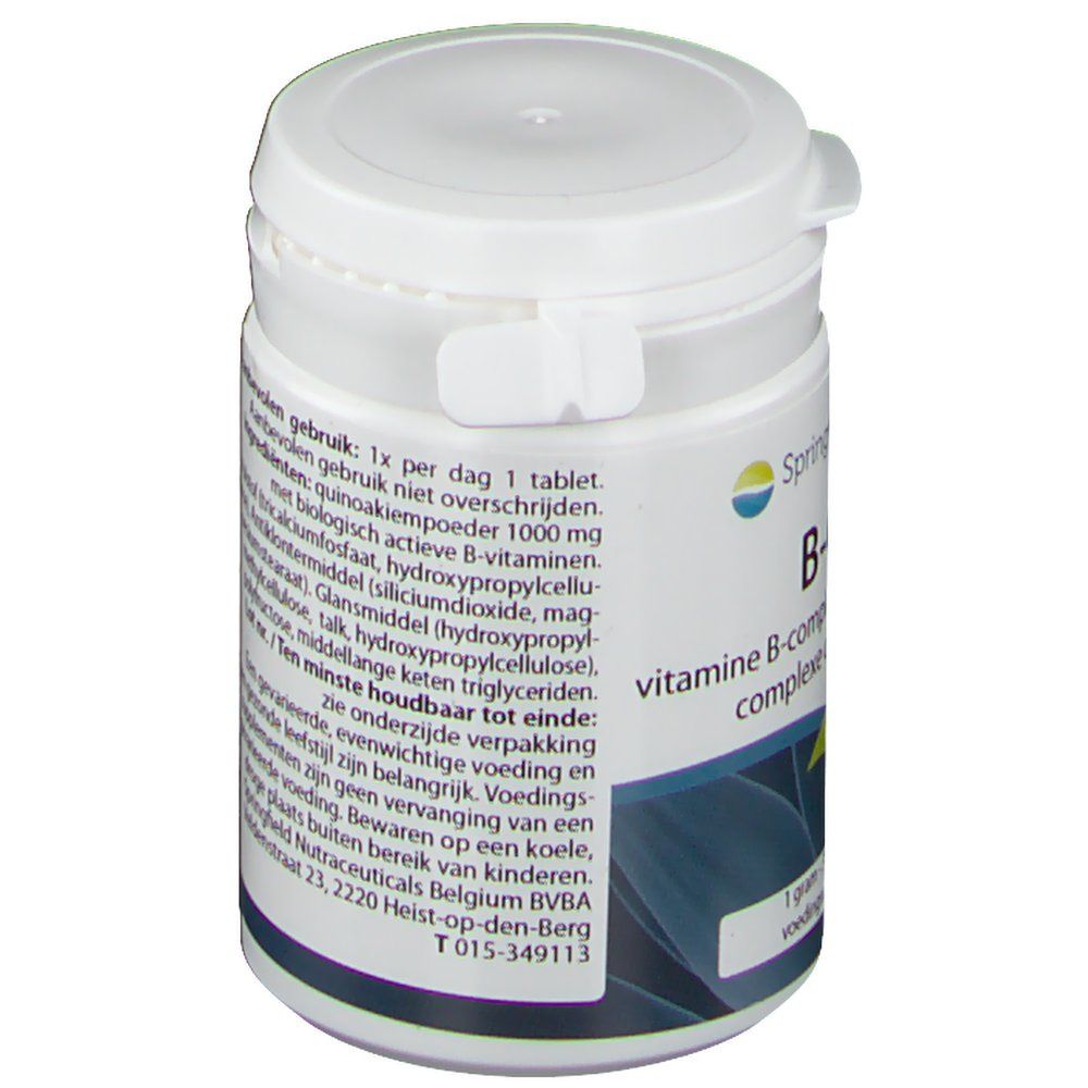 Boîte blanche de comprimés avec étiquette. Contient des informations sur les ingrédients et le mode d'emploi. Marque Springfield.