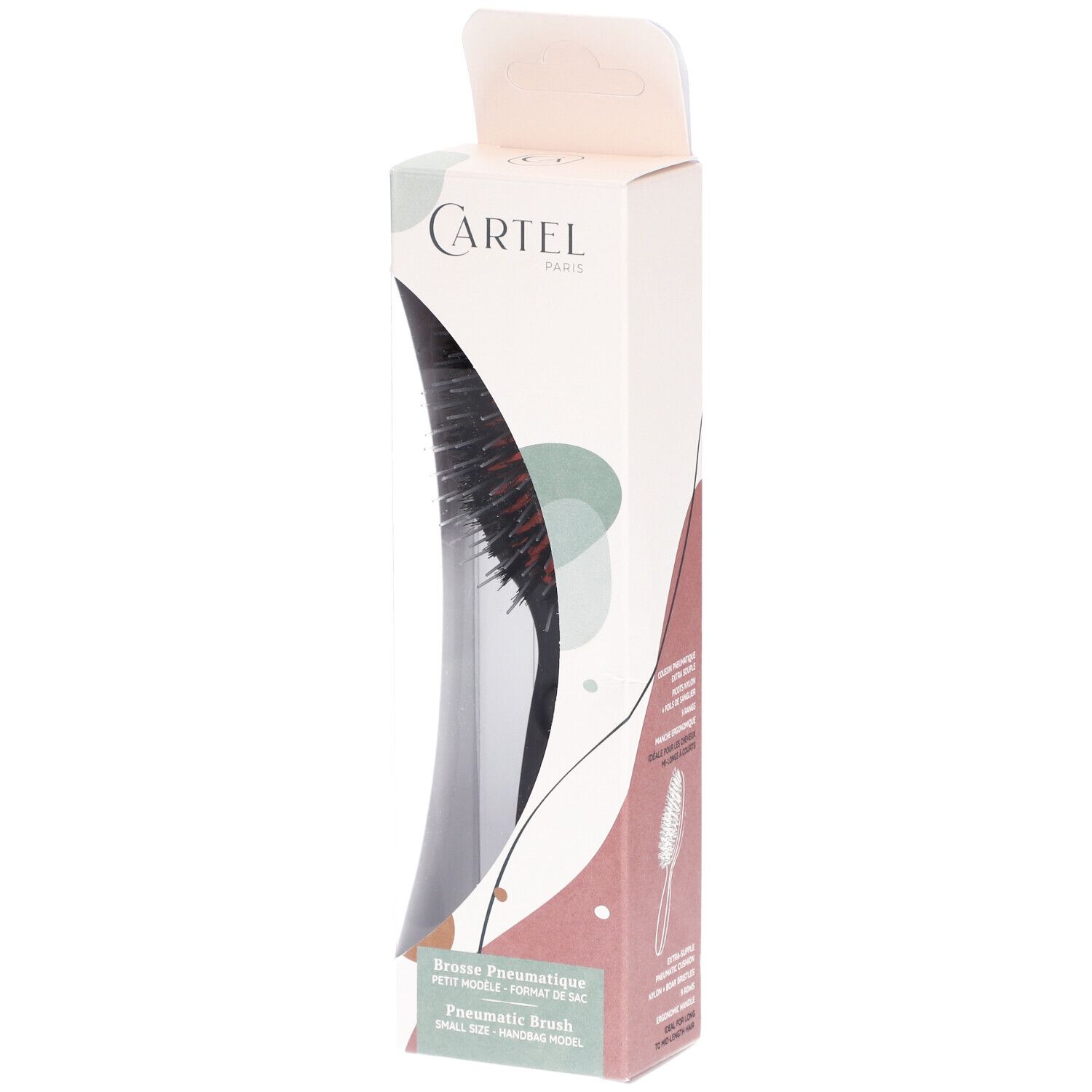 Brosse pneumatique dans son emballage. Manche noir, picots rouges. Boîte avec logo de la marque.