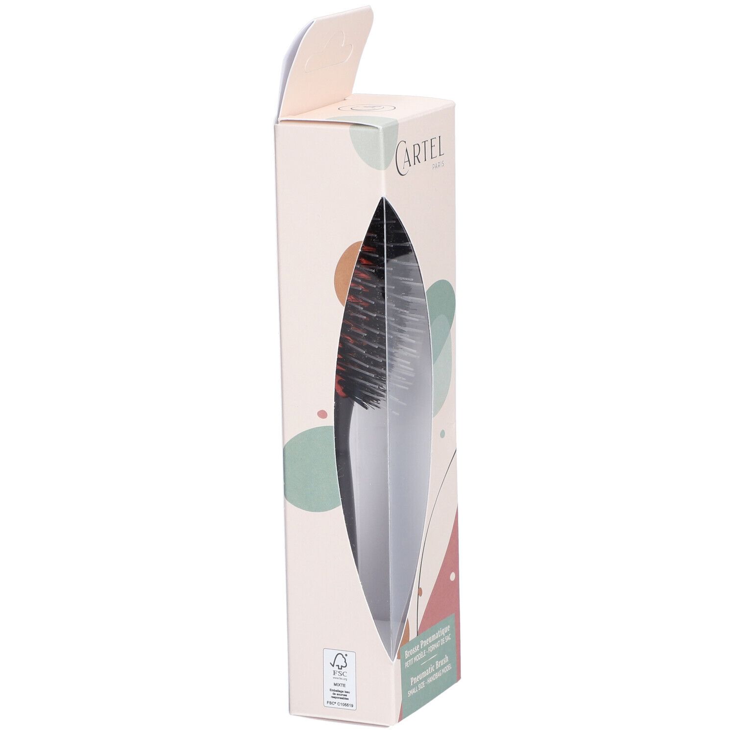 Emballage de la brosse pneumatique. Fenêtre montrant la brosse. Boîte avec logo et nom du produit.