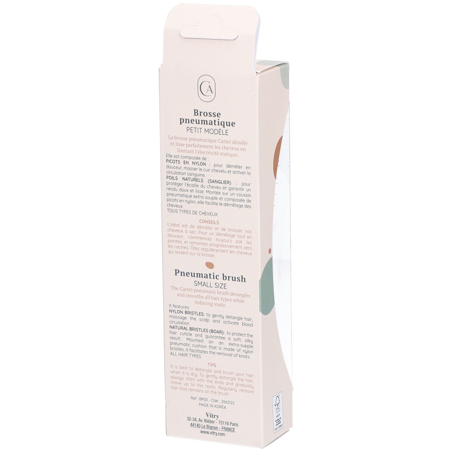 Dos de l'emballage. Texte en français et anglais. Description du produit et informations du fabricant.