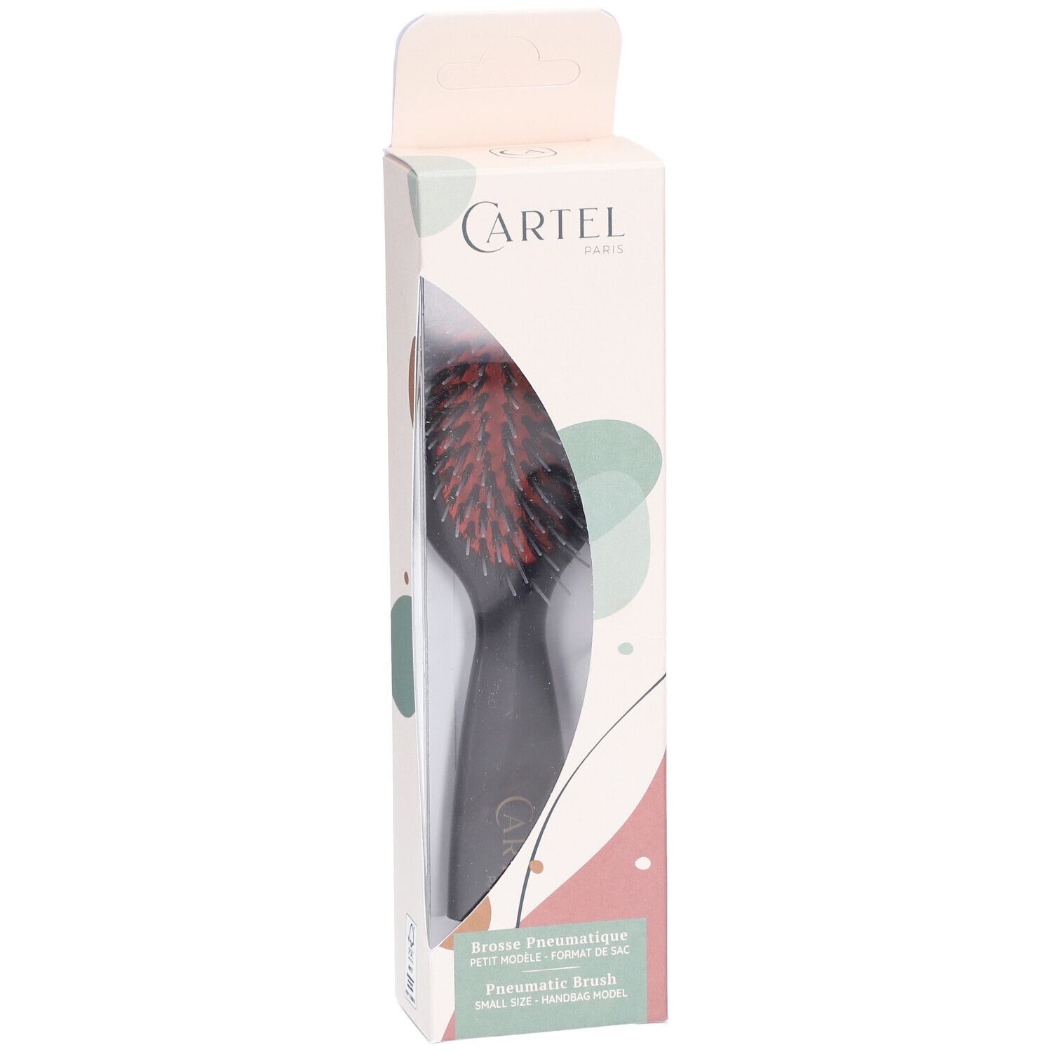 Brosse pneumatique dans son emballage. Manche noir, picots rouges. Boîte avec logo et nom du produit.