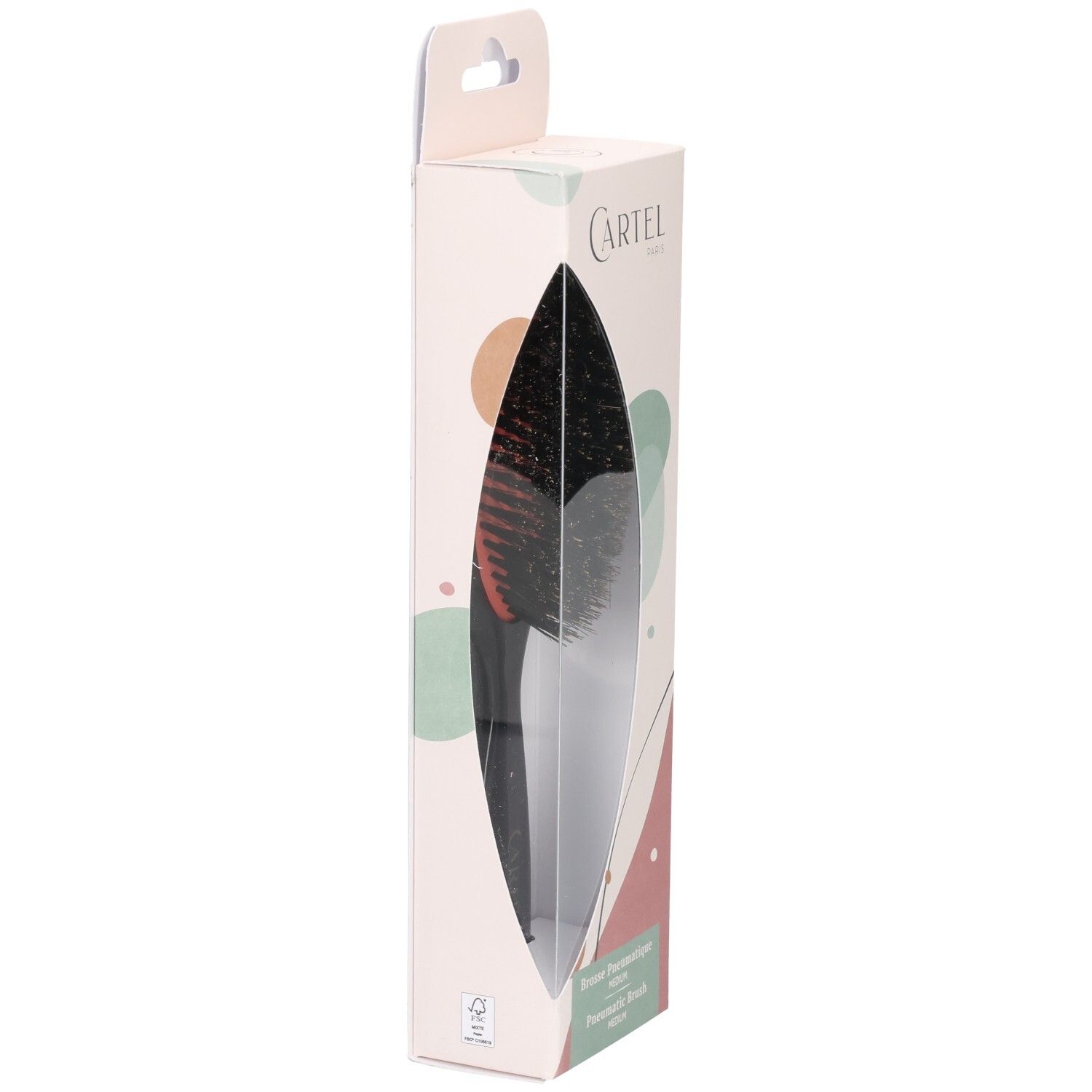 Brosse à cheveux pneumatique emballée avec poils naturels et manche ergonomique.