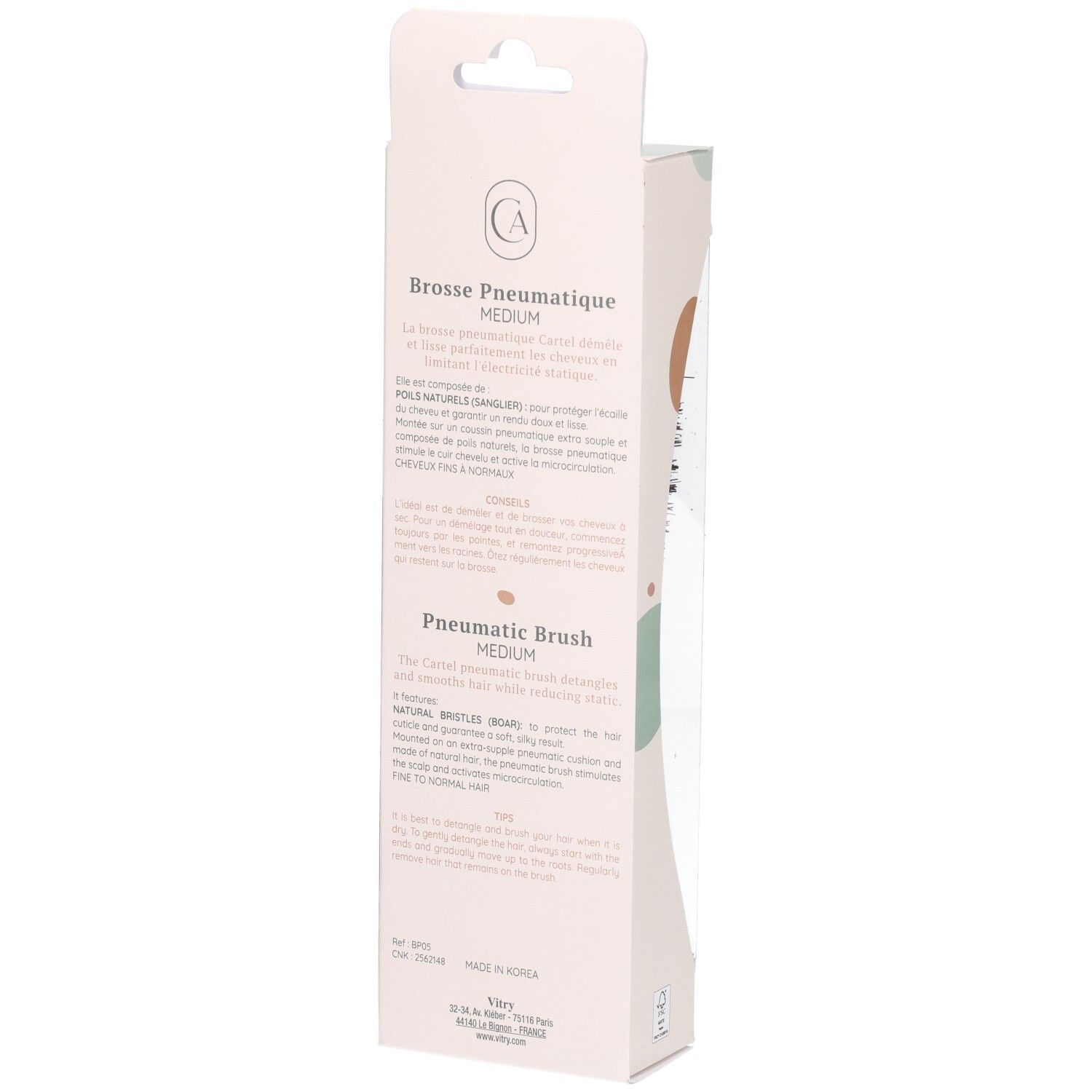 Arrière de l'emballage avec informations produit sur la brosse à cheveux pneumatique.
