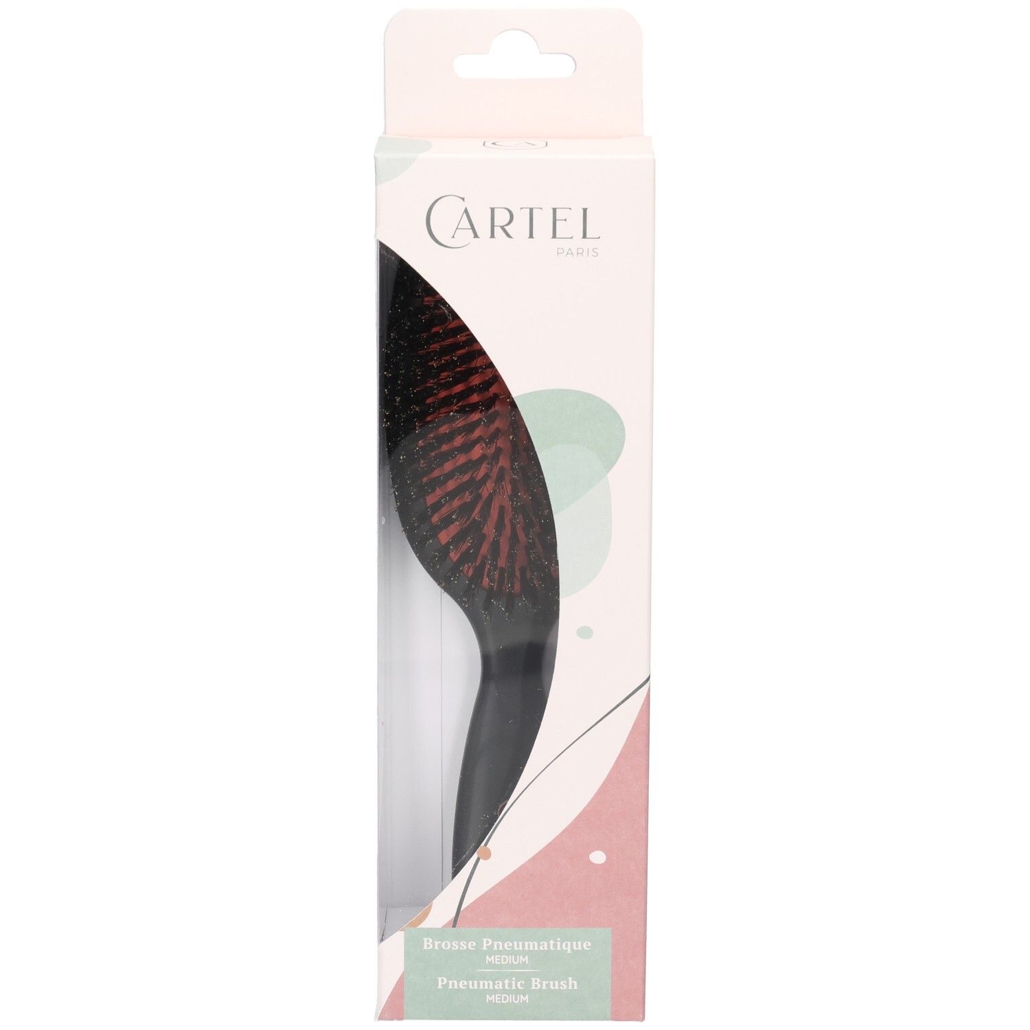 Brosse à cheveux pneumatique emballée avec poils naturels et manche ergonomique.