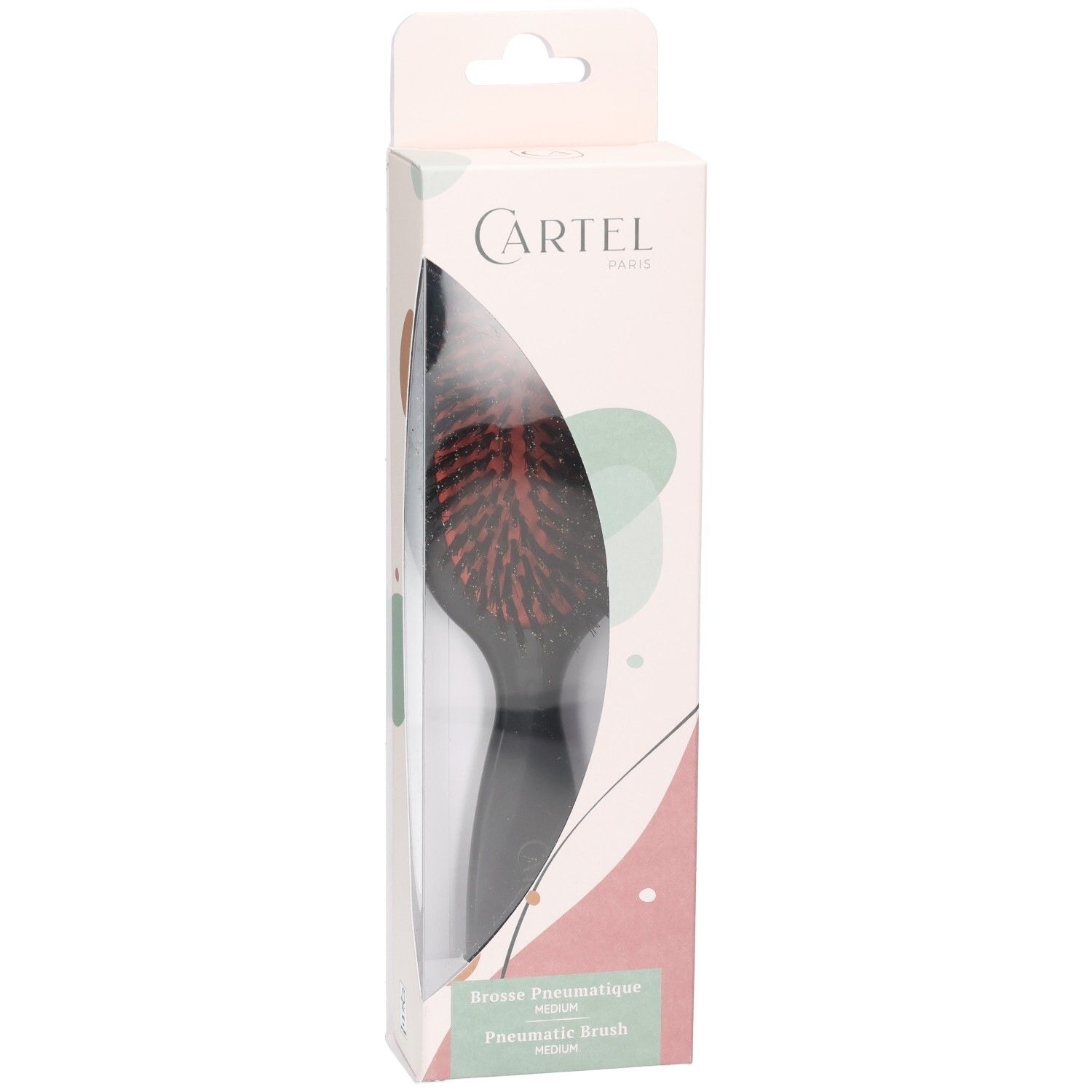 Brosse à cheveux pneumatique emballée avec poils naturels et manche ergonomique.