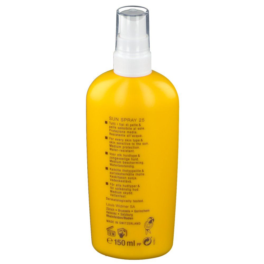 Flacon spray jaune, vue latérale. Inscriptions avec informations produit et coordonnées du fabricant.