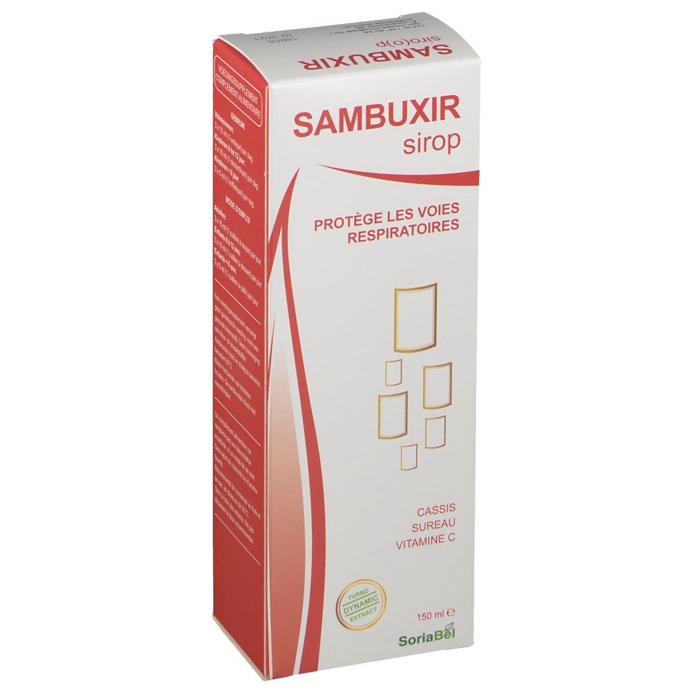 Boîte de sirop Sambuxir. Inscription: Protège les voies respiratoires. Contient cassis, sureau et vitamine C. Logo Soria Natural.
