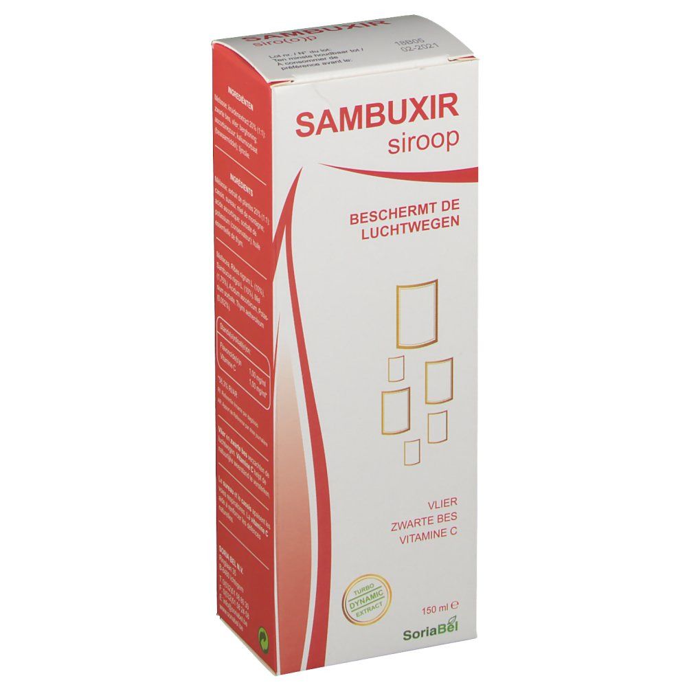 Boîte de sirop Sambuxir. Inscription: Protège les voies respiratoires. Contient sureau, cassis et vitamine C. Logo Soria Natural.