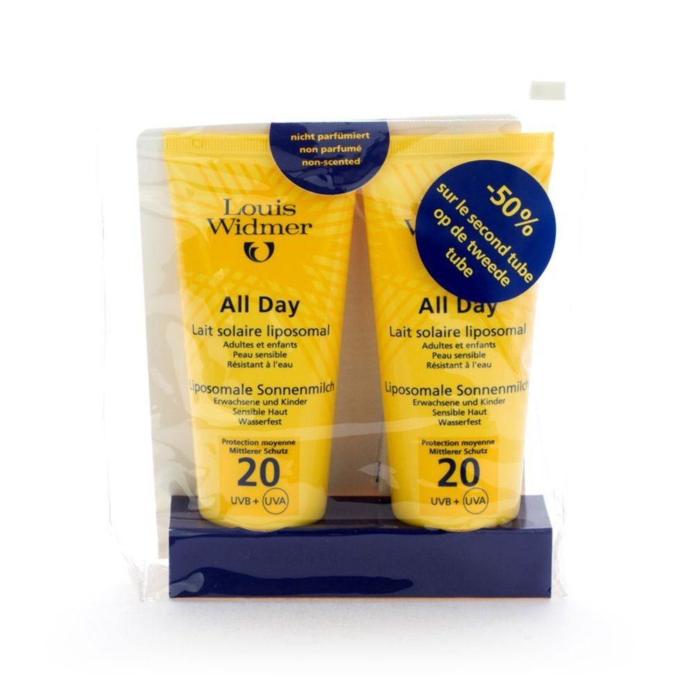 Duopack de deux tubes de crème solaire jaune. Inscription: Louis Widmer All Day 20. Non parfumé. -50% sur le second tube.