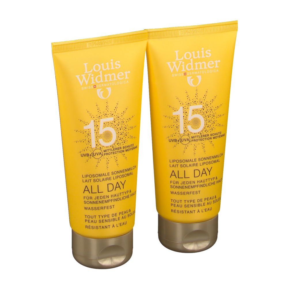 Deux tubes jaunes avec bouchons dorés. Impression: Louis Widmer, 15, All Day.