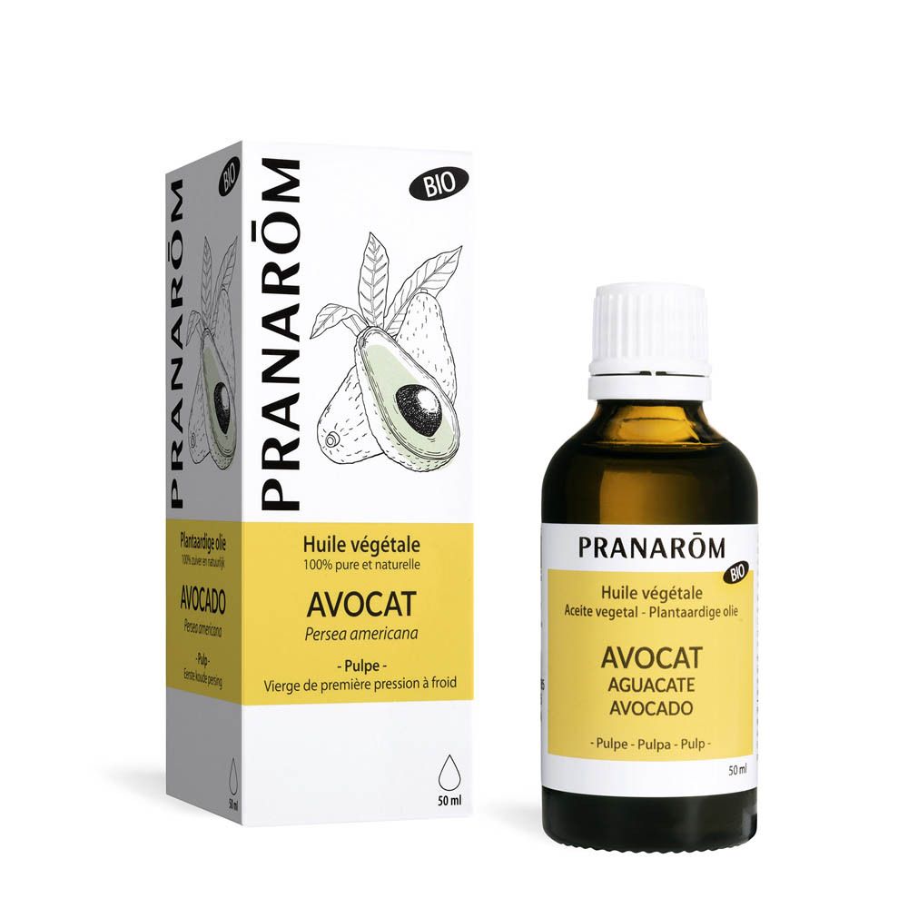 Flacon en verre brun avec bouchon blanc et boîte. Sur le flacon : étiquette jaune avec nom du produit et marque Pranarôm. Label bio.