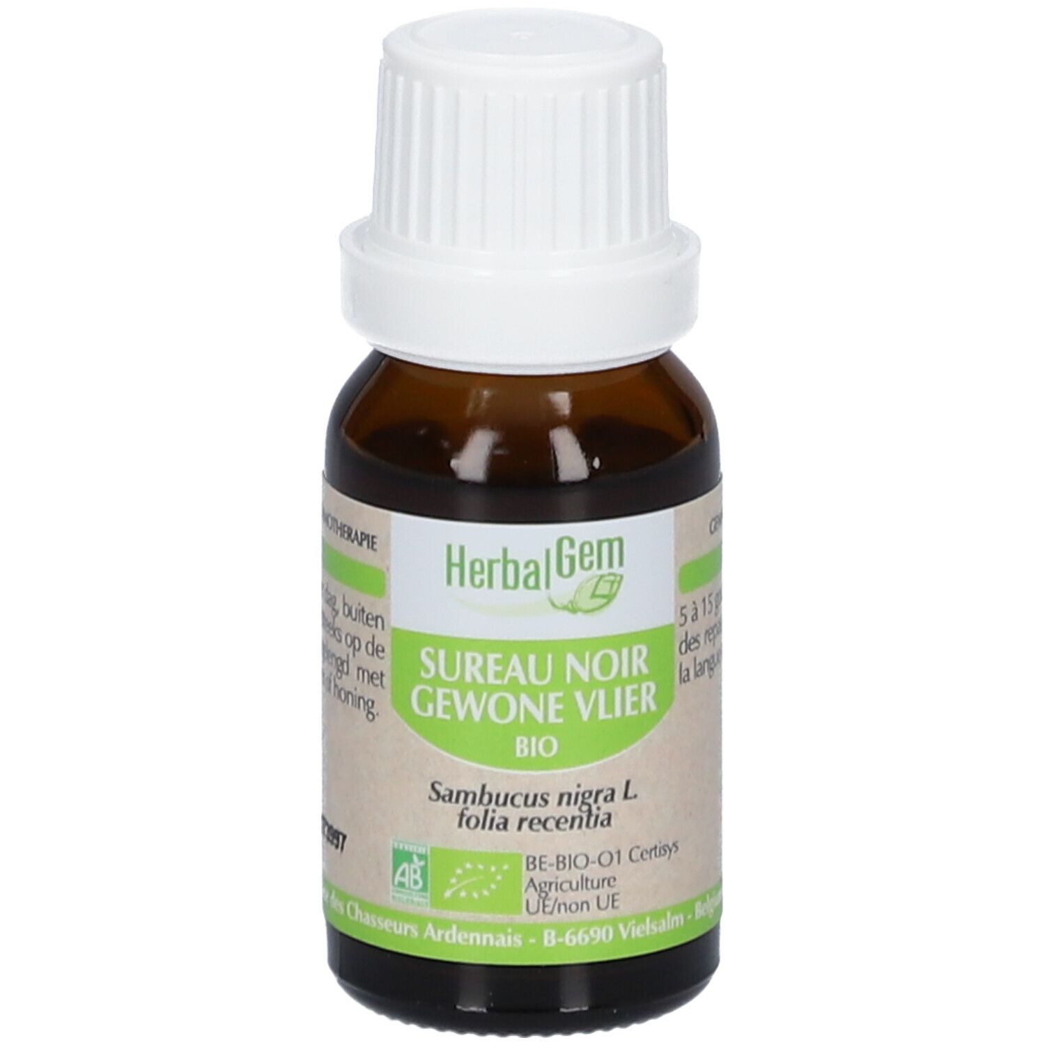 Flacon en verre brun avec bouchon blanc. Étiquette avec texte et logo HerbalGem. Certification bio.