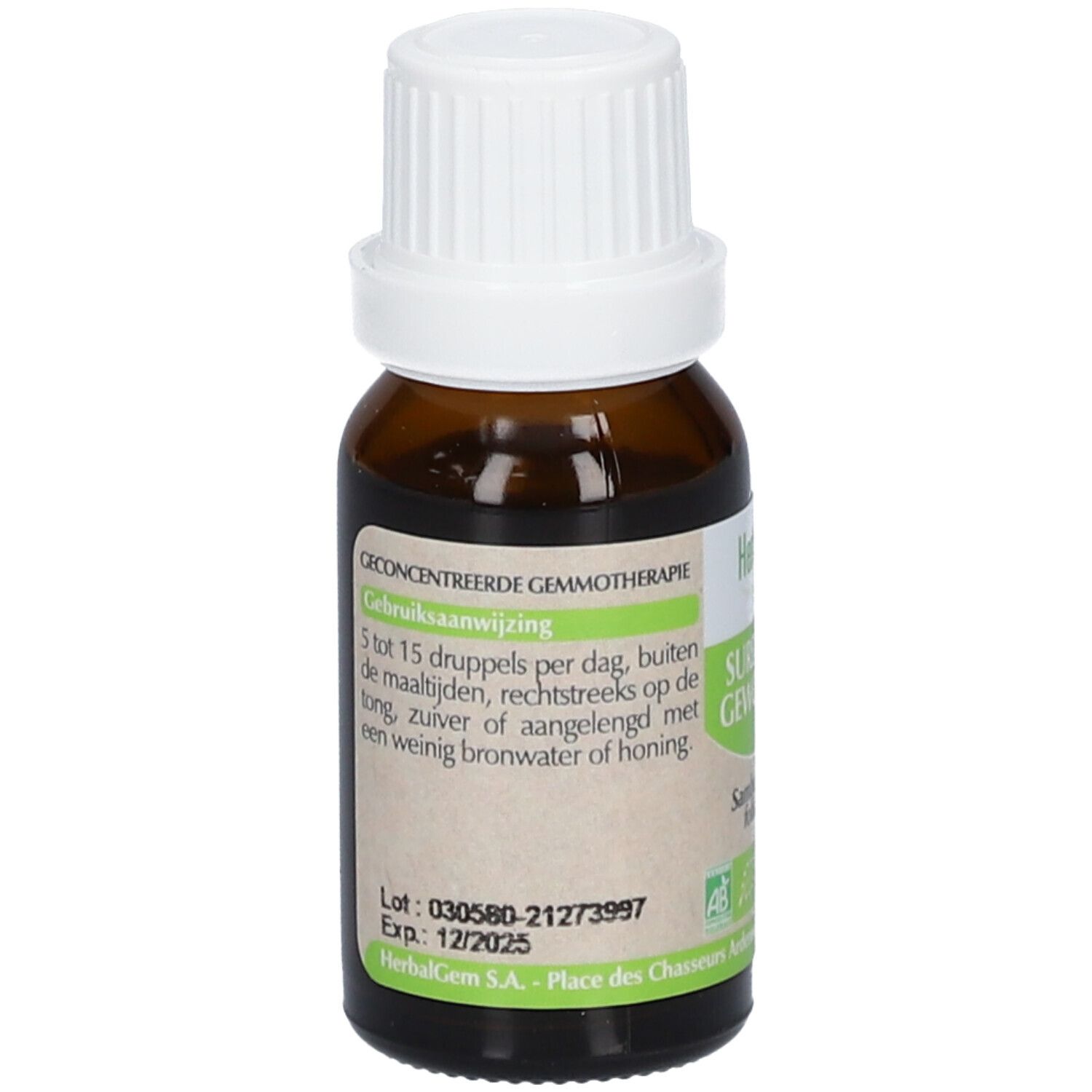 Flacon en verre brun avec bouchon blanc. Étiquette avec texte et logo HerbalGem. Mode d'emploi.
