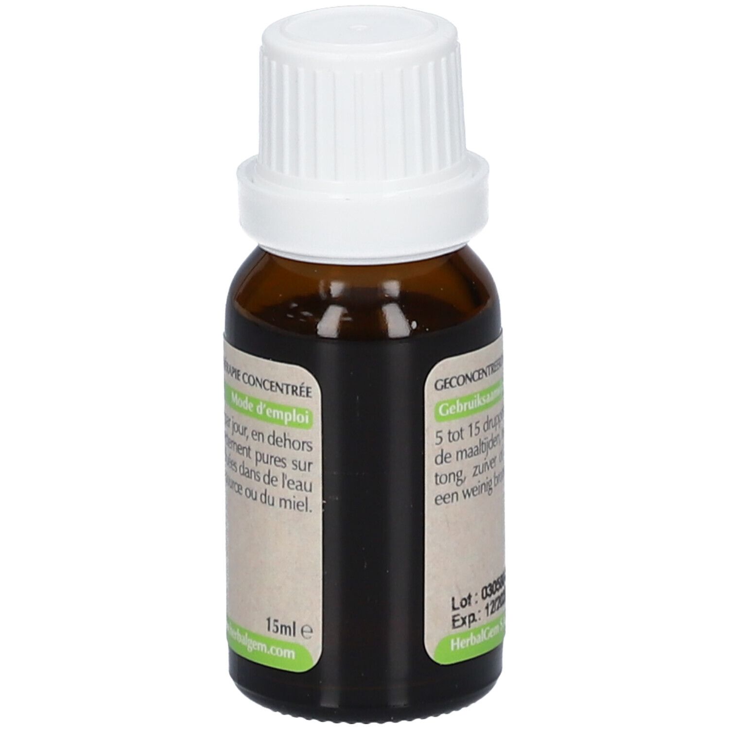 Flacon en verre brun avec bouchon blanc. Étiquette avec texte et logo HerbalGem. 15ml.
