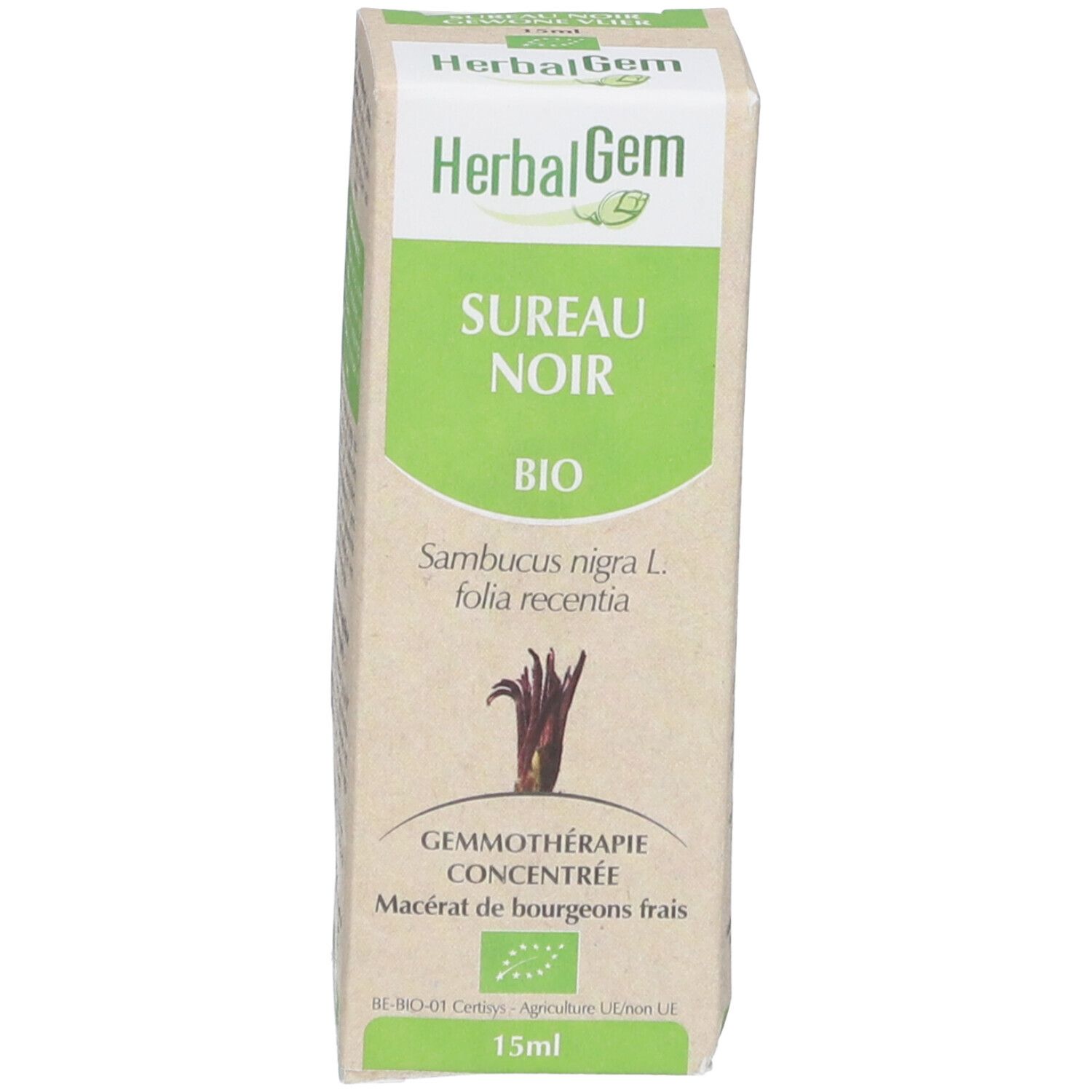 Emballage du produit. Emballage avec texte et logo HerbalGem. 15ml.