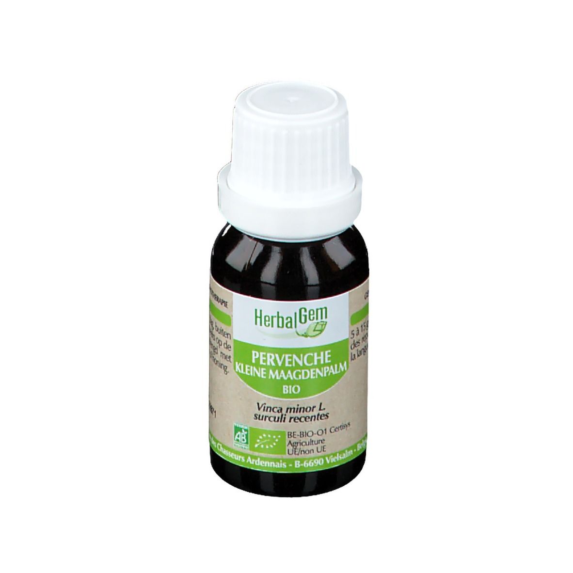 Flacon en verre brun avec bouchon blanc. Étiquette avec texte et logo. Certification bio.