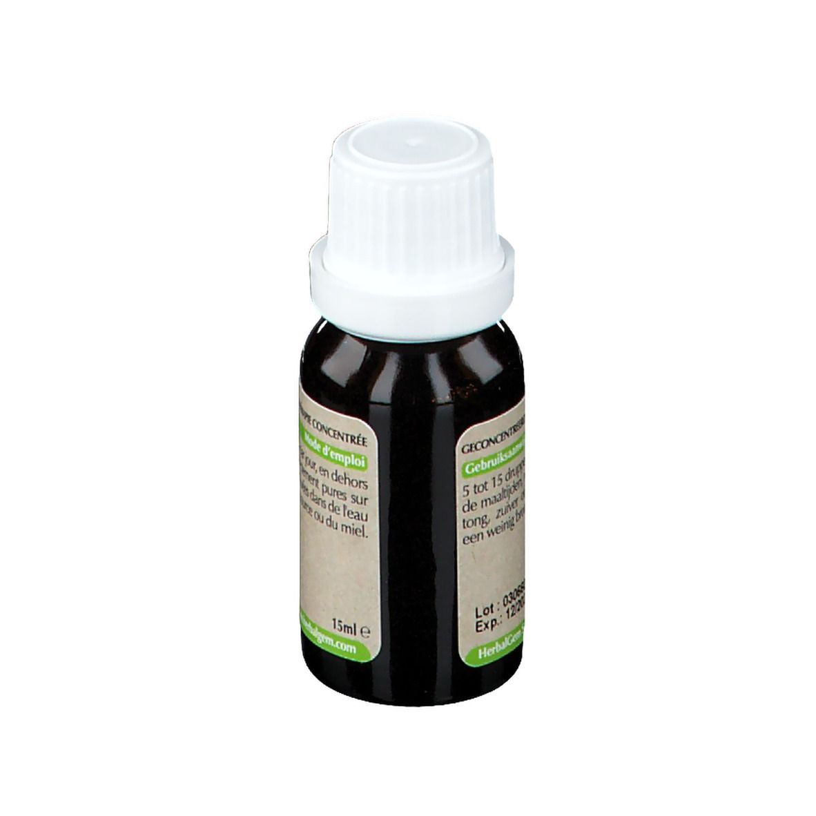 Flacon en verre brun avec bouchon blanc. Étiquette avec texte et logo. Indications de dosage.