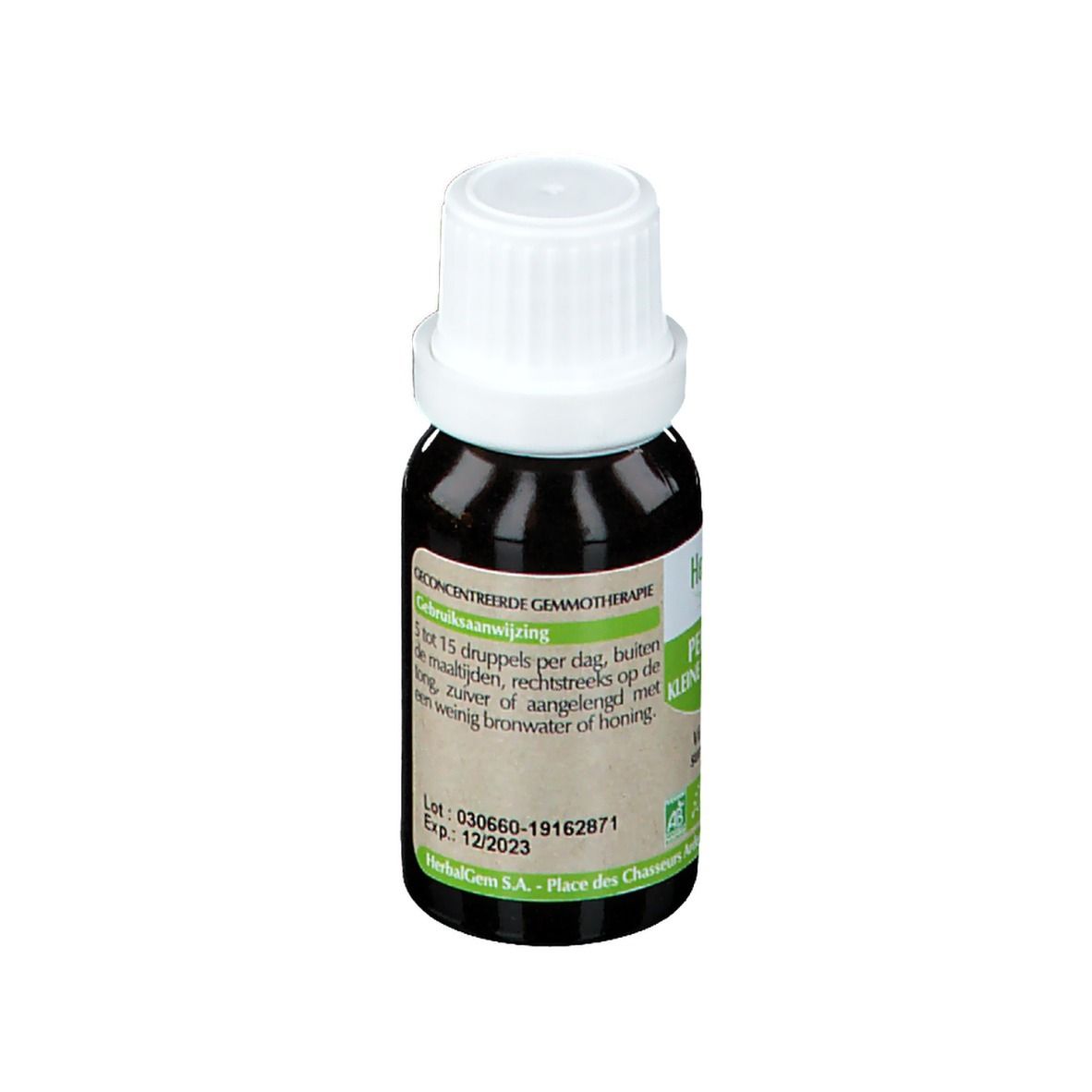 Flacon en verre brun avec bouchon blanc. Étiquette avec texte et logo. Dosage et date de péremption.