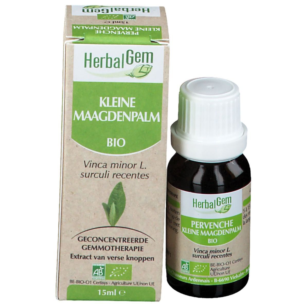 Flacon en verre brun et boîte. Boîte avec texte, logo et certification bio. Flacon avec bouchon blanc.